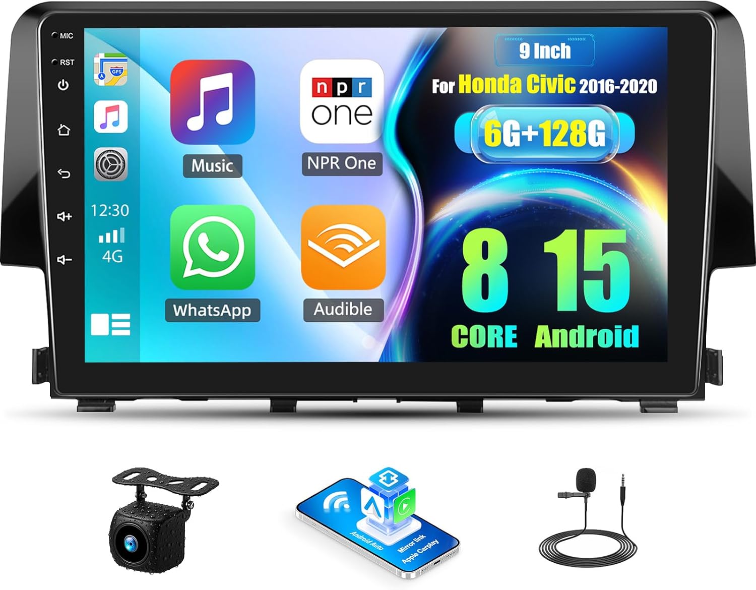 8 Core 6G+128G Android Car Stereo Radio for Honda Civic 2016-2020 Support Factory Car Function 360°Panoramic View 9 Inch Touch Screen Wireless CarPlay Android Auto Backup Camera GPS Navigation WiFi