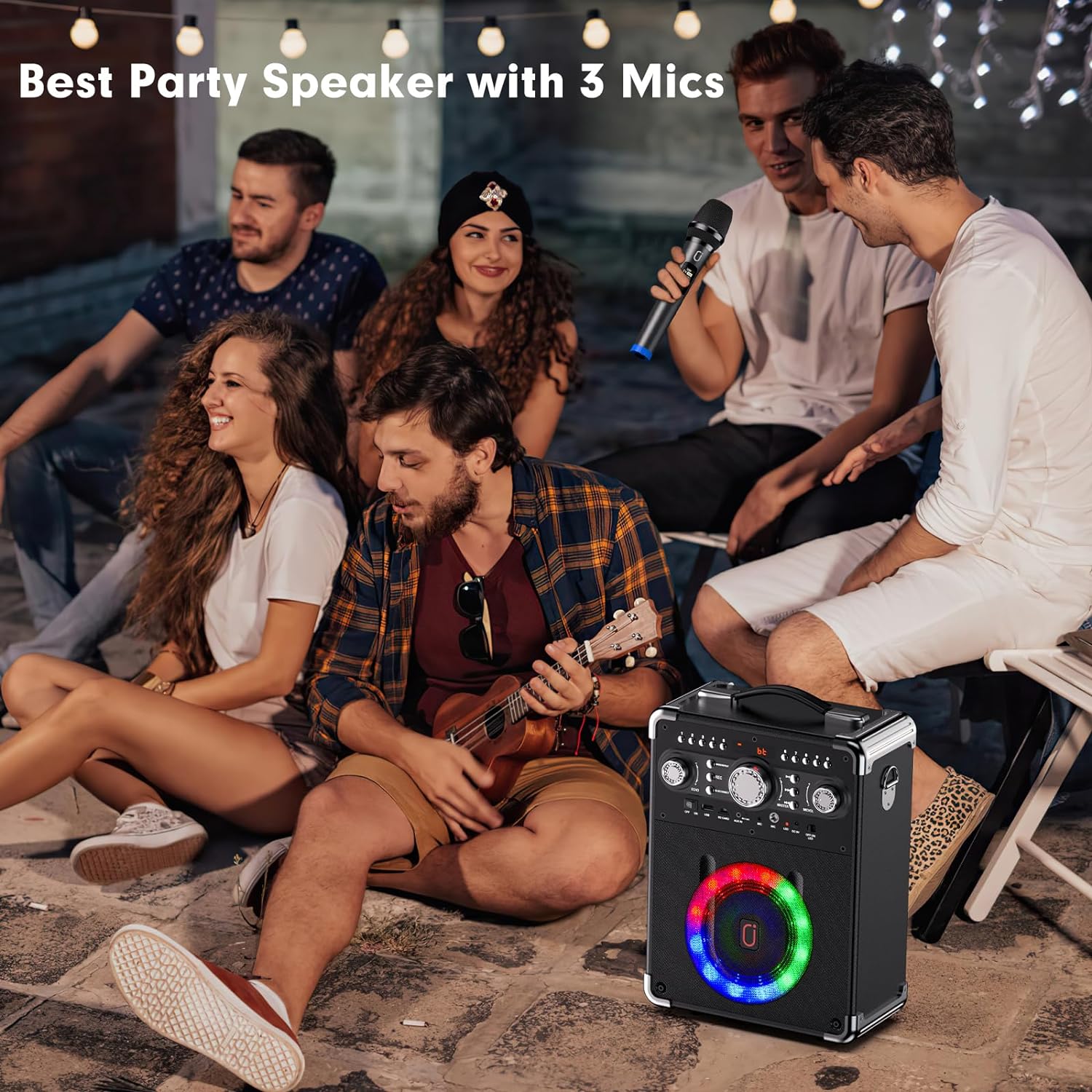 Karaoke Machine with 3 Wireless Microphones, Bluetooth Karaoke Speaker with 3 Mics for Adults/Kids, Portable PA System for Home Party with DJ Lights & Remote Contro, Support TWS/USB/TF Card/AUX/REC