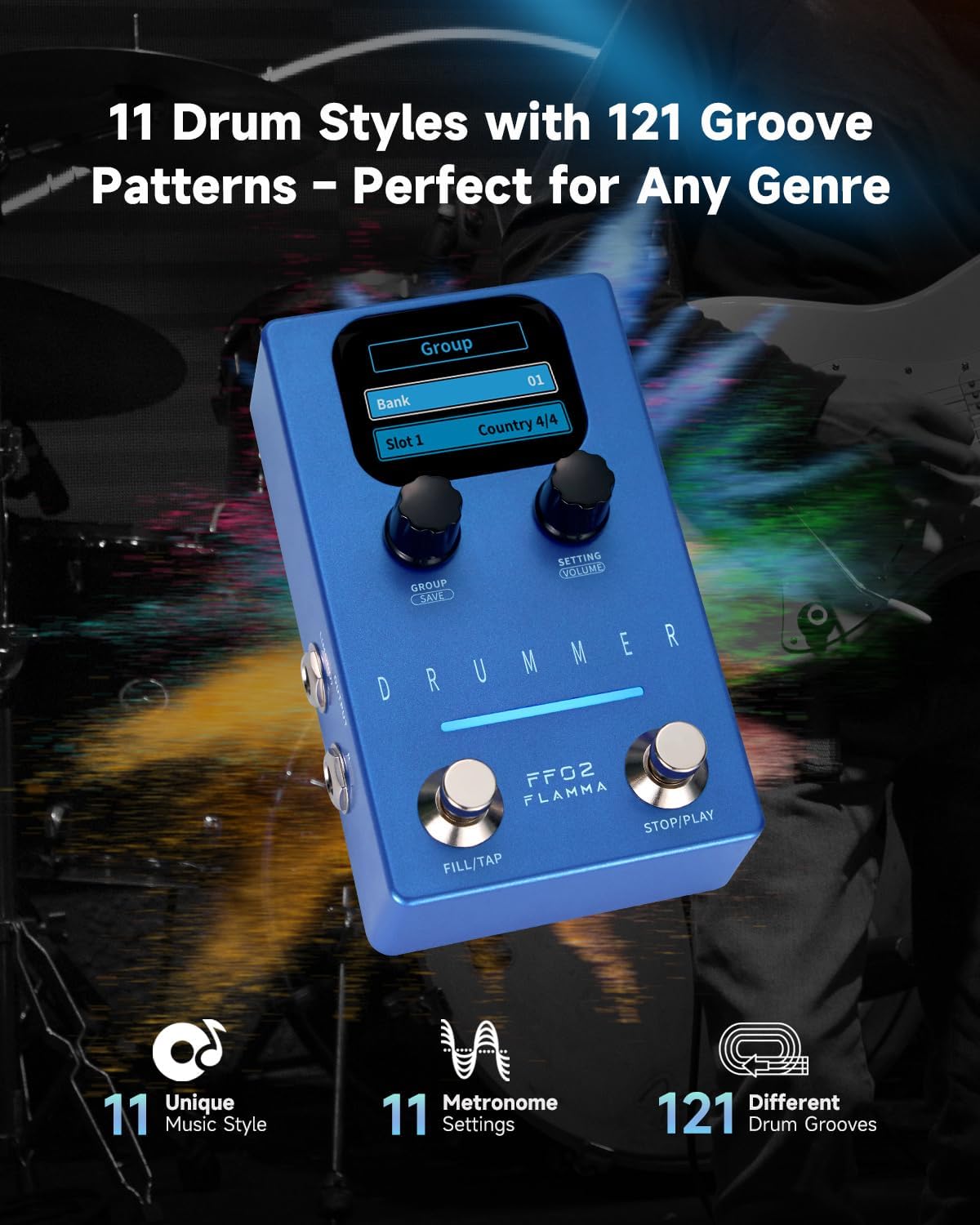 FLAMMA FF02 Drum Machine Guitar Pedal - 121 Drum Grooves, 11 Music Genres, Tap Tempo, Adjustable Rhythms, Stereo I/O for Live & Studio Use