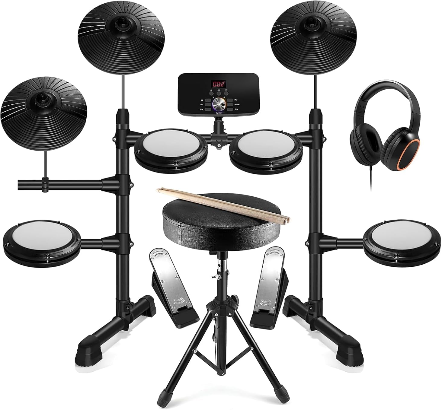 Electronic Drum Set,Electronic Drum for Beginner Set with Type-C Charging,support USB MIDI Bluetooth,with 4 Quiet Mesh Pads 2 Pedals, Drum Stool, Sticks, Headphones and Melodics Lessons
