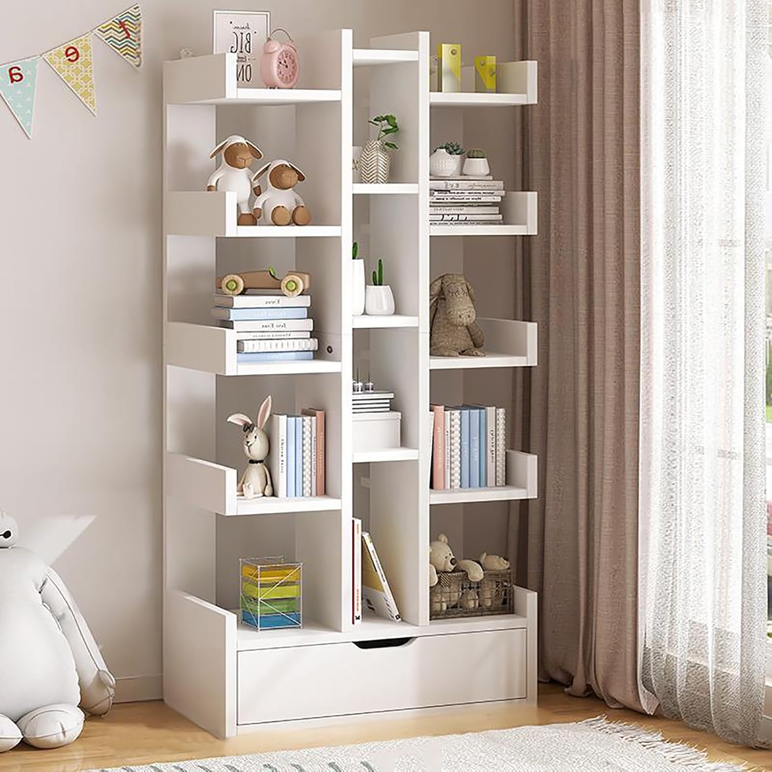 Bookcase with Drawers, Storage Organizer, Vertical Bookshelf, Modern Floor Standing Display Rack, for Home Office, Living Room, Bedroom, Kitchen(Brown)