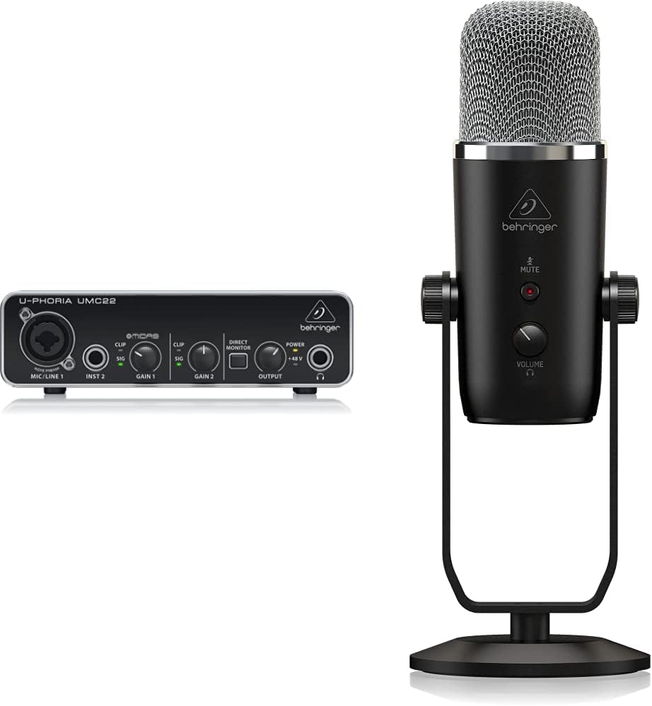 Behringer U-PHORIA UMC22 Audiophile 2x2 USB Audio Interface with Midas Mic Preamplifier with Behringer BIGFOOT All-In-One USB Studio Condenser Microphone