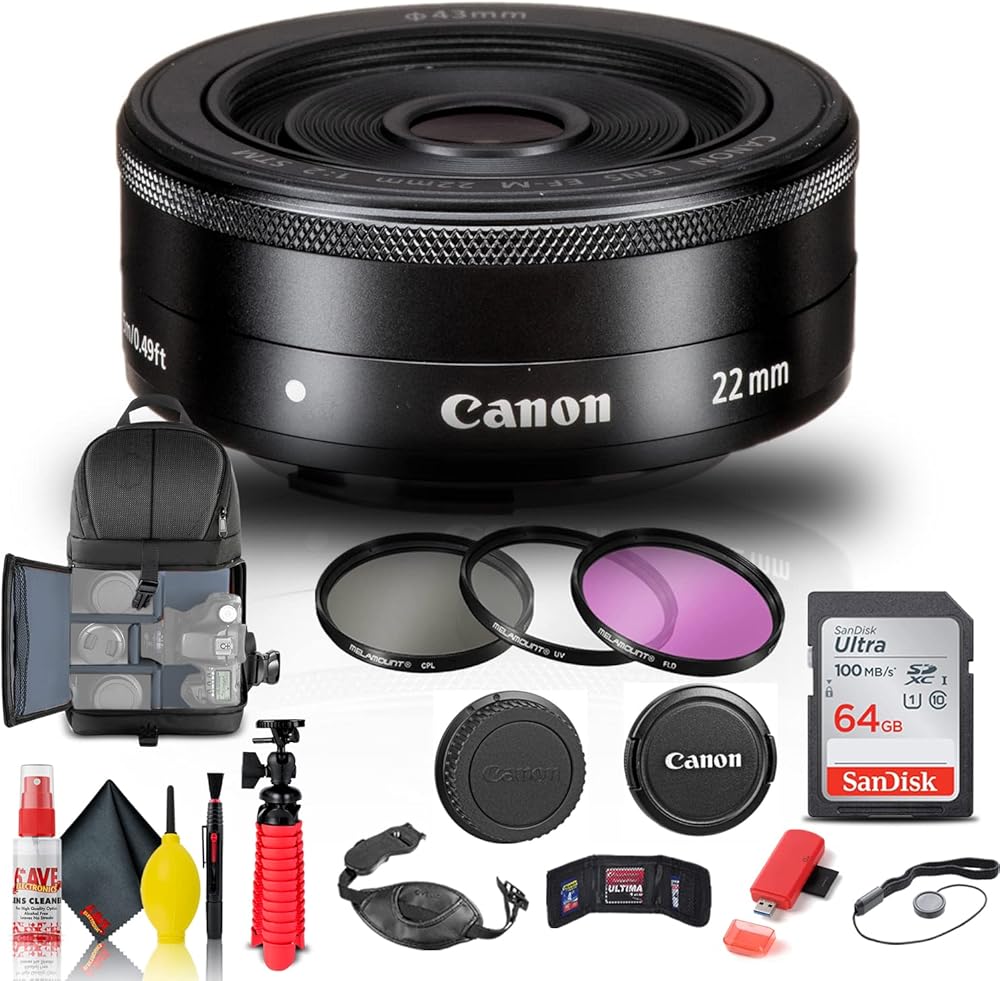 Canon EF-M 22mm f/2 STM Lens (5985B002) + Filter Kit + Backpack + 64GB Card + Card Reader + Flex Tripod + Memory Wallet + Cap Keeper + Cleaning Kit + Hand Strap + More (Renewed)
