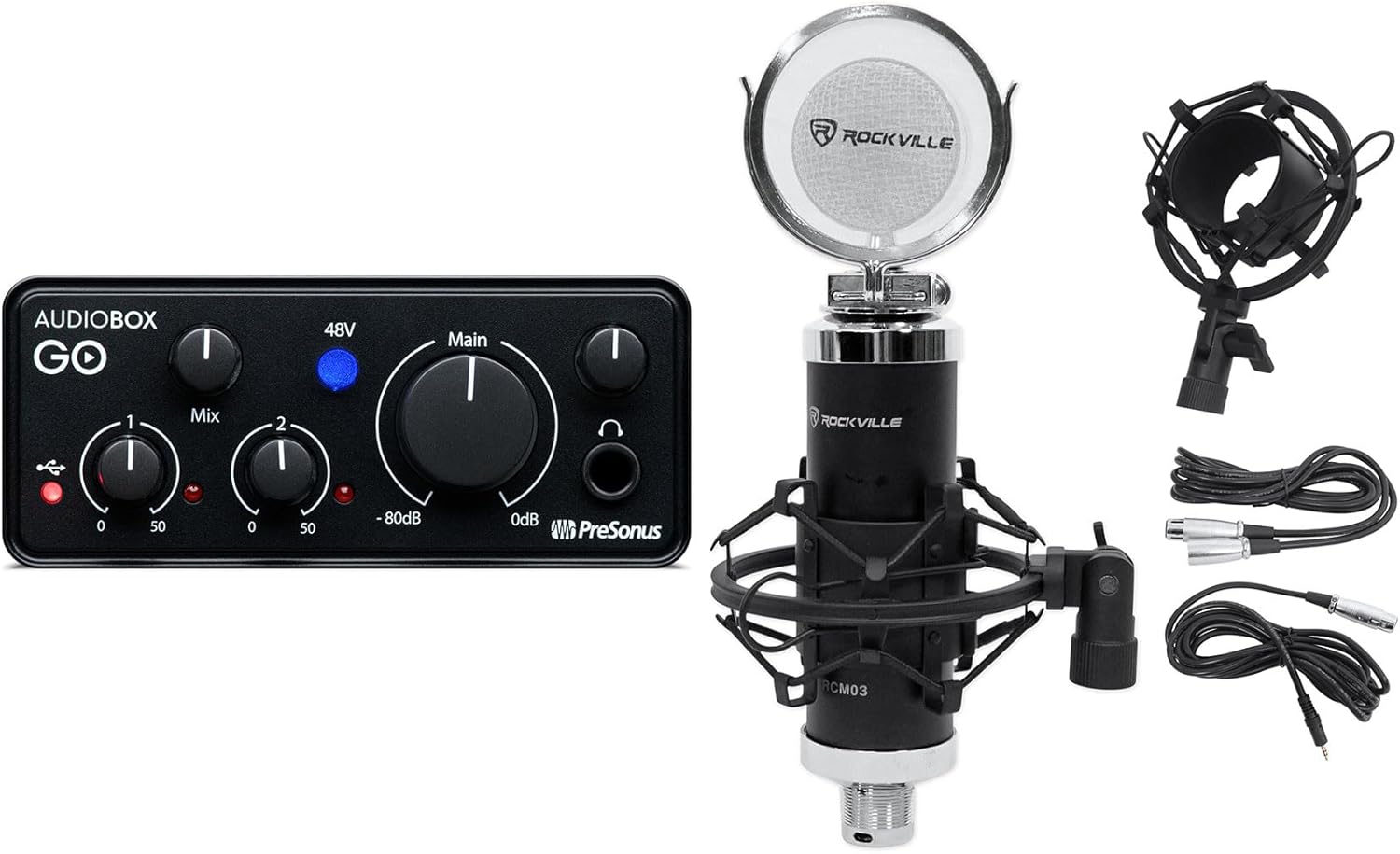 Audiosavings Bundle: Presonus AudioBox GO 2x2 USB-C Bus Power Audio Recording Interface+Software Bundle with Rockville RCM03 Pro Studio Recording Condenser Microphone Mic+Metal Shock Mount (2 Items)