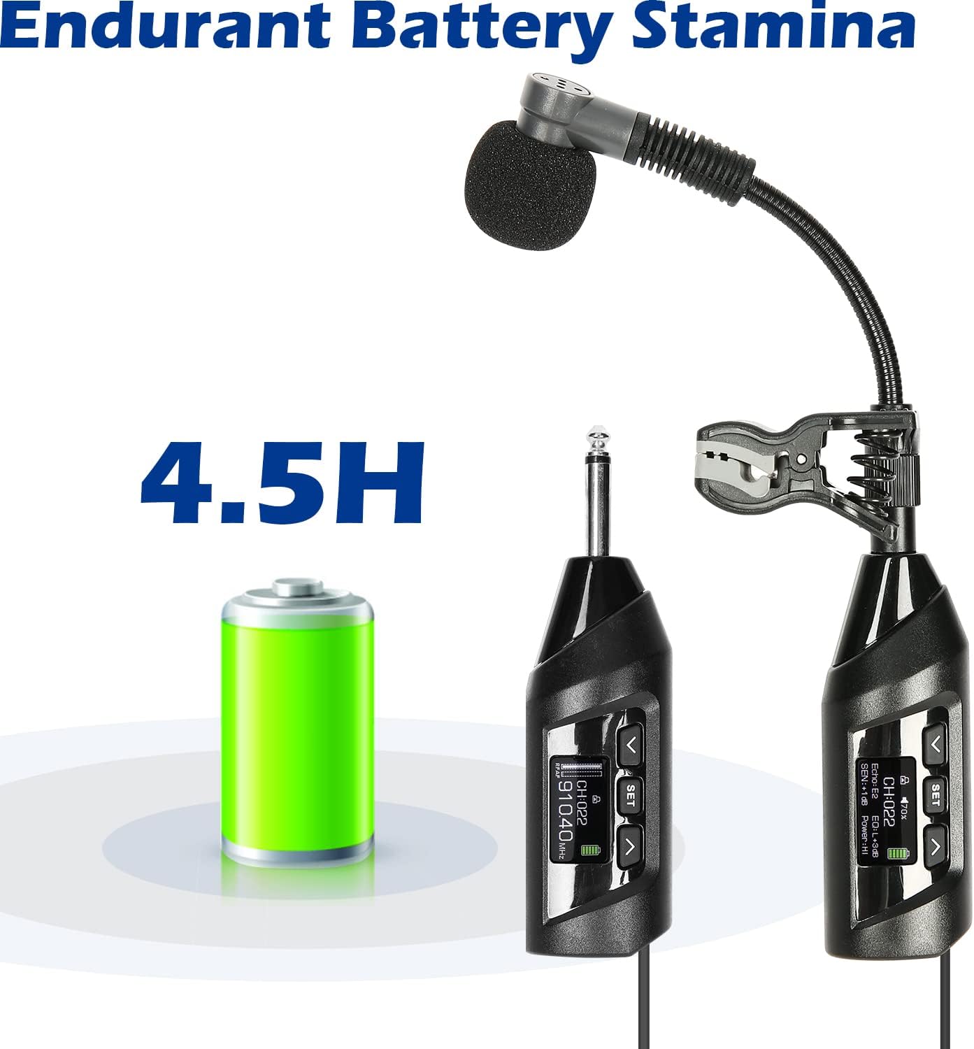 Wireless Saxophone Microphone System, Clip-On Instrument Microphone for Sax and Trumpet, Preset EQ & Echo Level 196 Ft Transmission Rechargeable Compact Transmitter and Receiver 4.5 Hours
