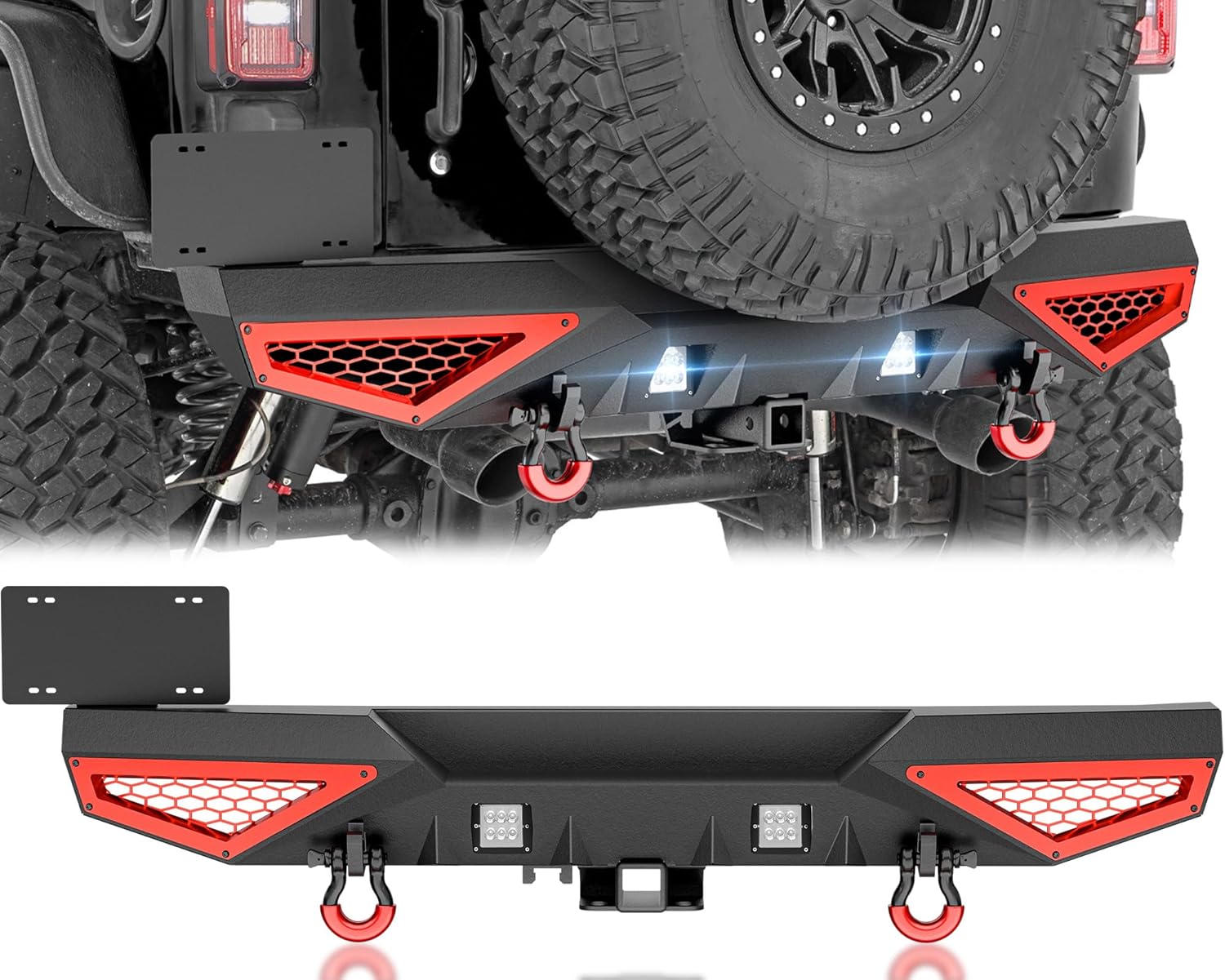 for JK Rear Bumper Compatible with 2007 2008 2009 2010 2011 2012 2013 2014 2015 2016 2017 2018 Jeep Wrangler JK JKU with LED Lights, Hitch Receiver, License Plate Frame, Paintable Armor, D-Rings