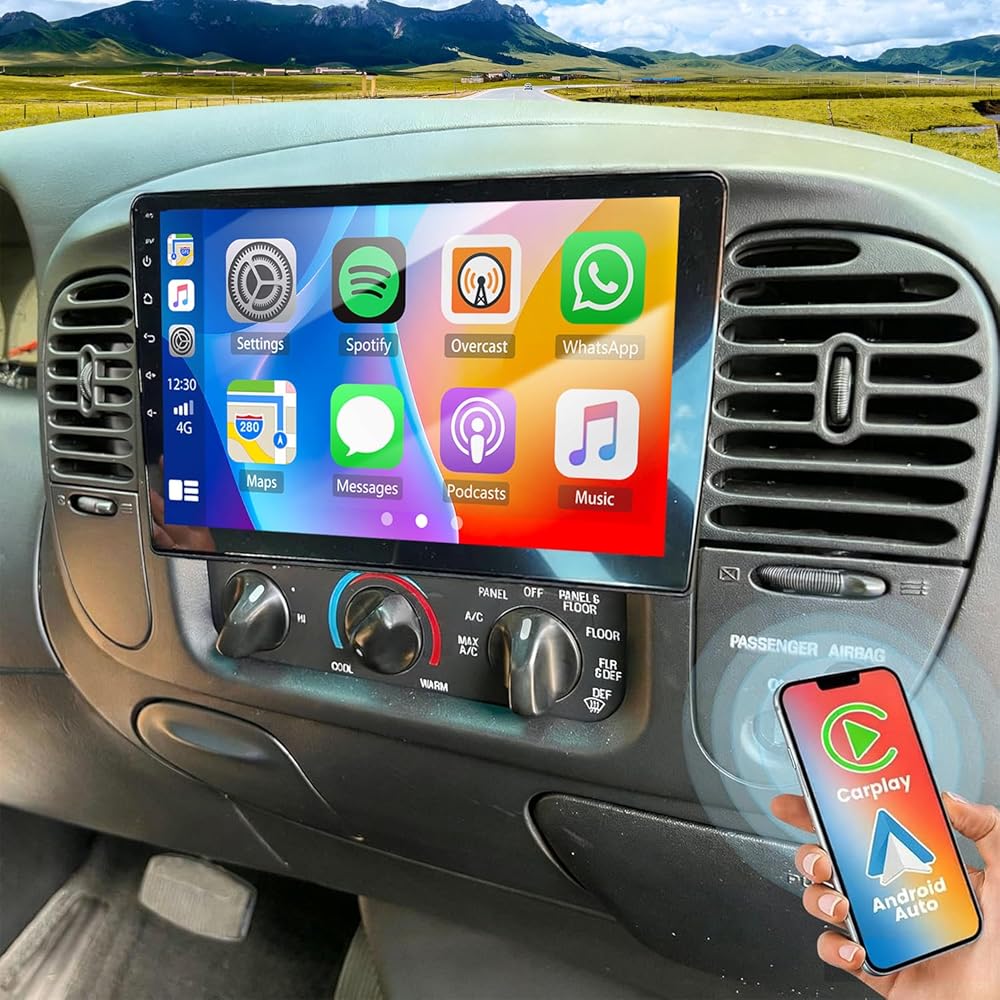 4+64G Double Din Car Stereo Radio Upgraded for 1997 1998-2004 Ford F150 GPS Navi Head Unit 10.1 inch Touch Screen Android 14 with Wireless Carplay Android Auto-/FM/SWC/WiFi/Bluetooth/Camera