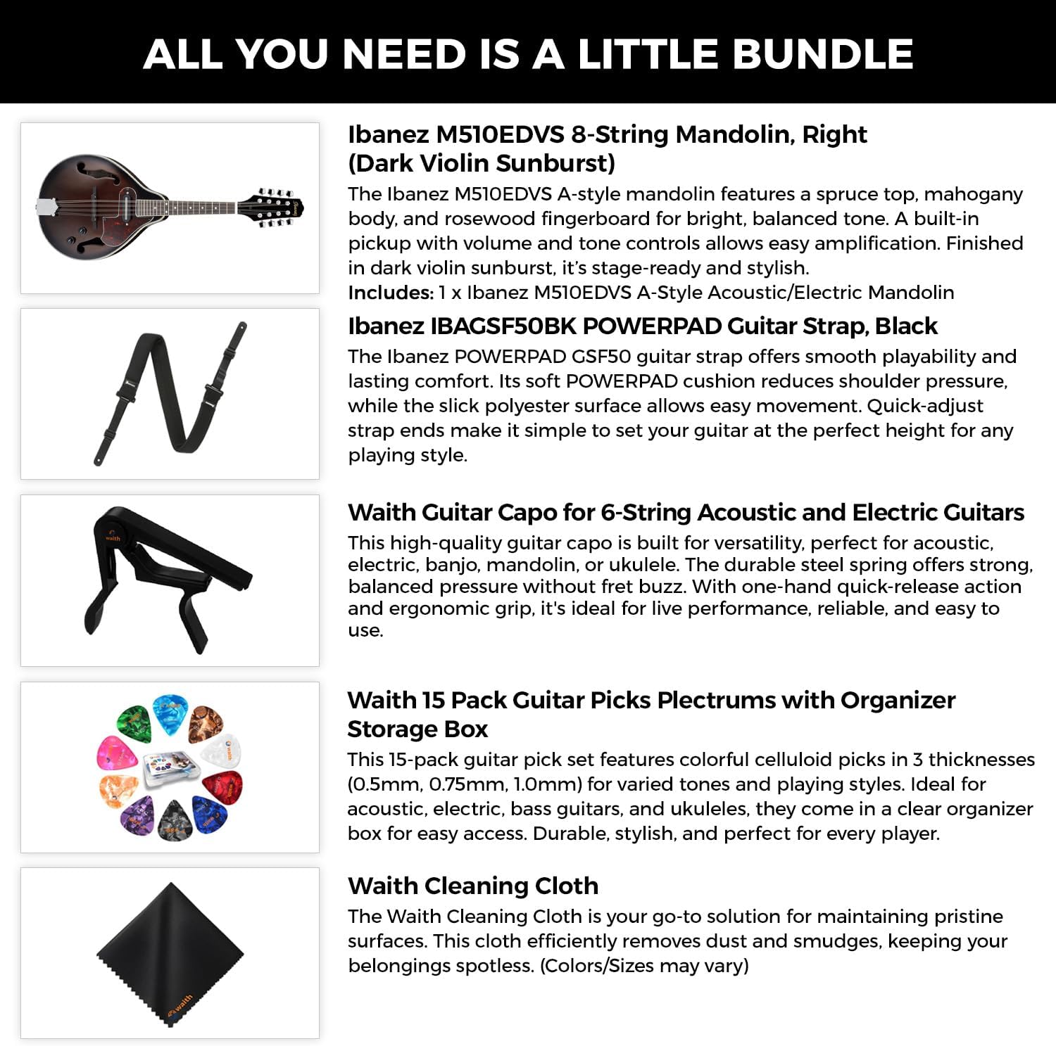 Ibanez M510EDVS 8-String Electric Mandolin (Dark Violin Sunburst) - A-Style Mandolin with GSF50 Powerpad Strap, String Capo, 15 Pack Guitar Picks with Storage Box & Cleaning Cloth (Bundle Set)