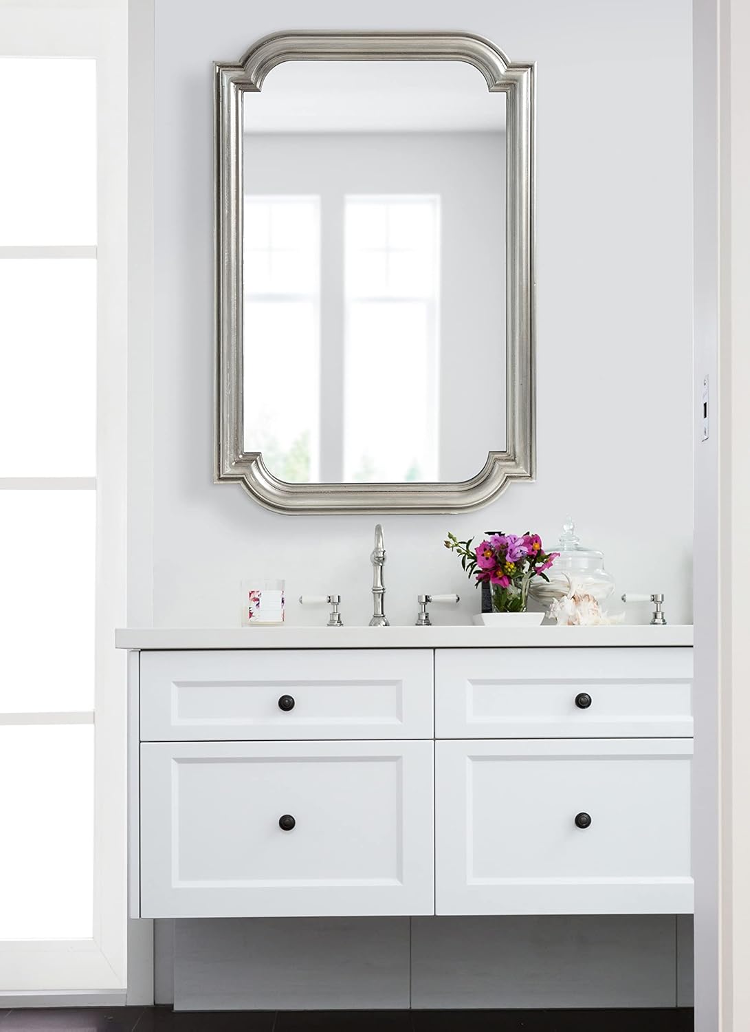 Kate and Laurel Kinsman Traditional Glam Rectangle Scallop Wall Mirror; 24 x 36; Silver; Decorative Scalloped Wood Mirror with Radius Corners for Vertical or Horizontal Display