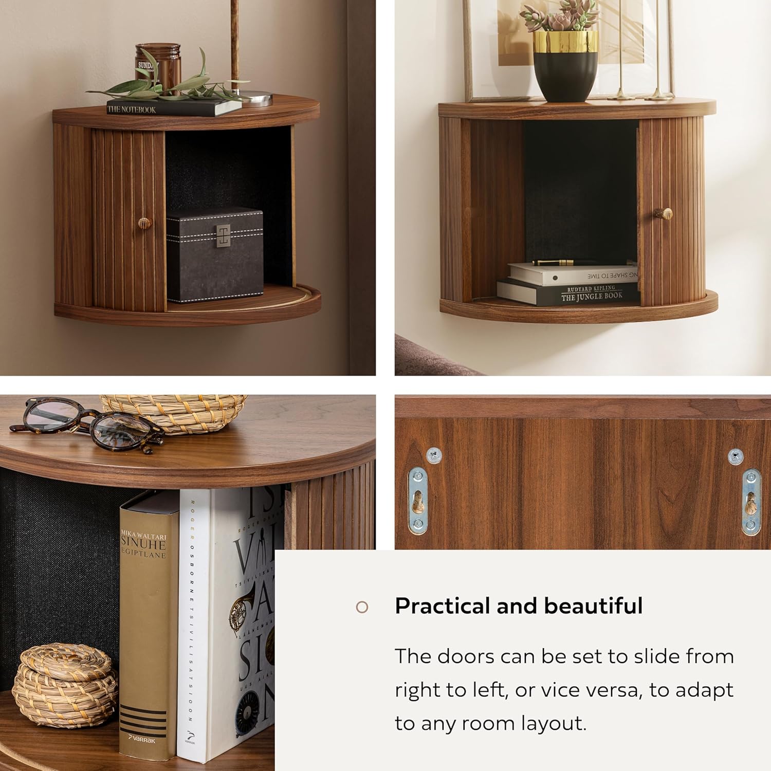 WERMO 16'' Floating Nightstand with Storage and Sliding Door - Floating Side Table for Living Room, Bedroom and Office. Mid Century Modern Nightstand Wood, Bedside Shelf Wall Mount (Walnut)