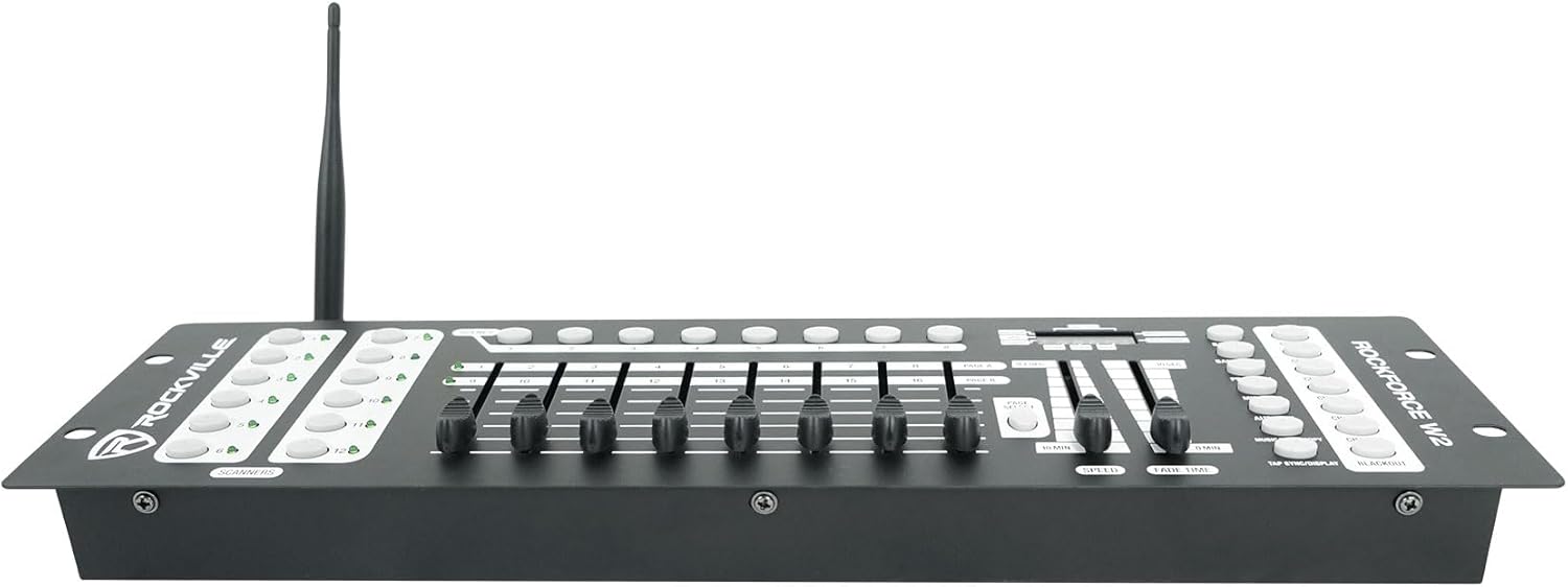 Rockville ROCKFORCE W2 192-Channel Wireless 2.4GHz DMX Lighting Controller, Built-In Transmitter, Music Triggering, Programmable Scenes, for DJs and Stage Lighting