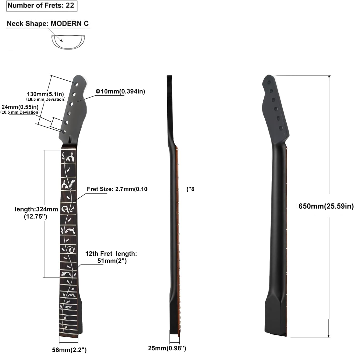 22fret Black Matte TL Electric Guitar Neck Canadian Maple,Cow Bone Nut, Rosewood Carved Tree of Life Fretboard