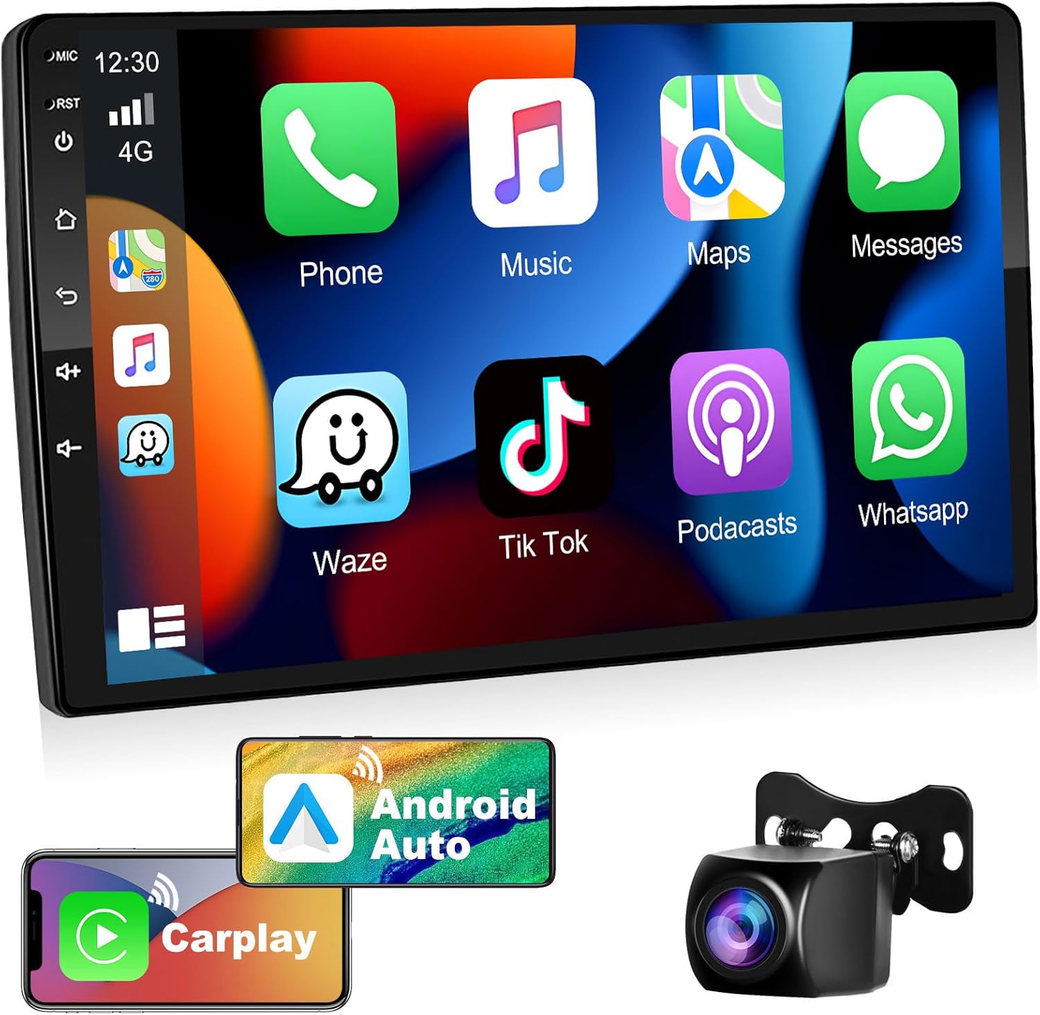 Podofo 2+32G Double Din Car Stereo with Wireless Apple Carplay Android Auto 10.1 Inch Touchscreen Android Radio Supports GPS Navigation, WiFi, RDS, Split Screen + Backup Camera & Mic