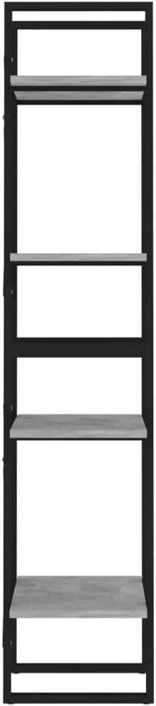 Concrete Gray Book Cabinet, Black Engineered Wood, Metal Frame, 4-Tier Industrial Shelving Unit, 11.8x15.7x55.1in Display Case for Living Room, Office Storage
