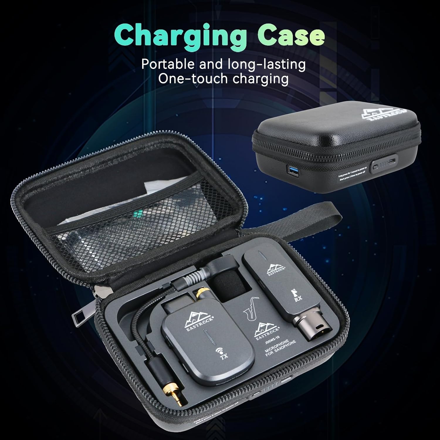 EASTROCK Saxophone Wireless System,Coverage to 130 ft/40 m,2.4 GHz Sax Microphone Wireless Receiver Transmitter Charging Case,Suitable for Recording/Monitor Headphones/Live/Reverb Control