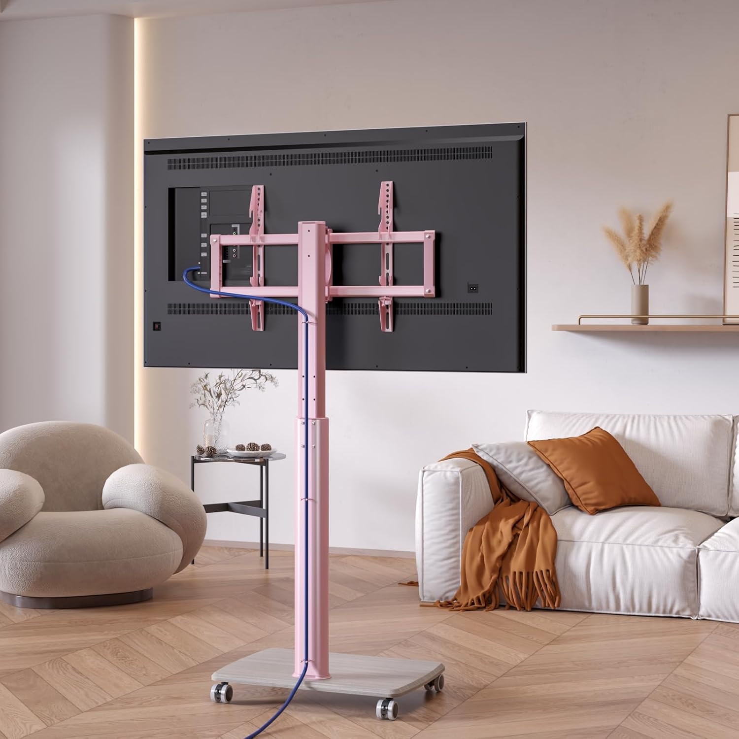 Pink Rolling TV Stand for 32 to 55 65 75 85 Inch TVs, Corner TV Floor Stand with Mount, Universal Portable Mobile TV Cart on Wheels, Small TV Stand for Bedroom, Living Room, Conference Room