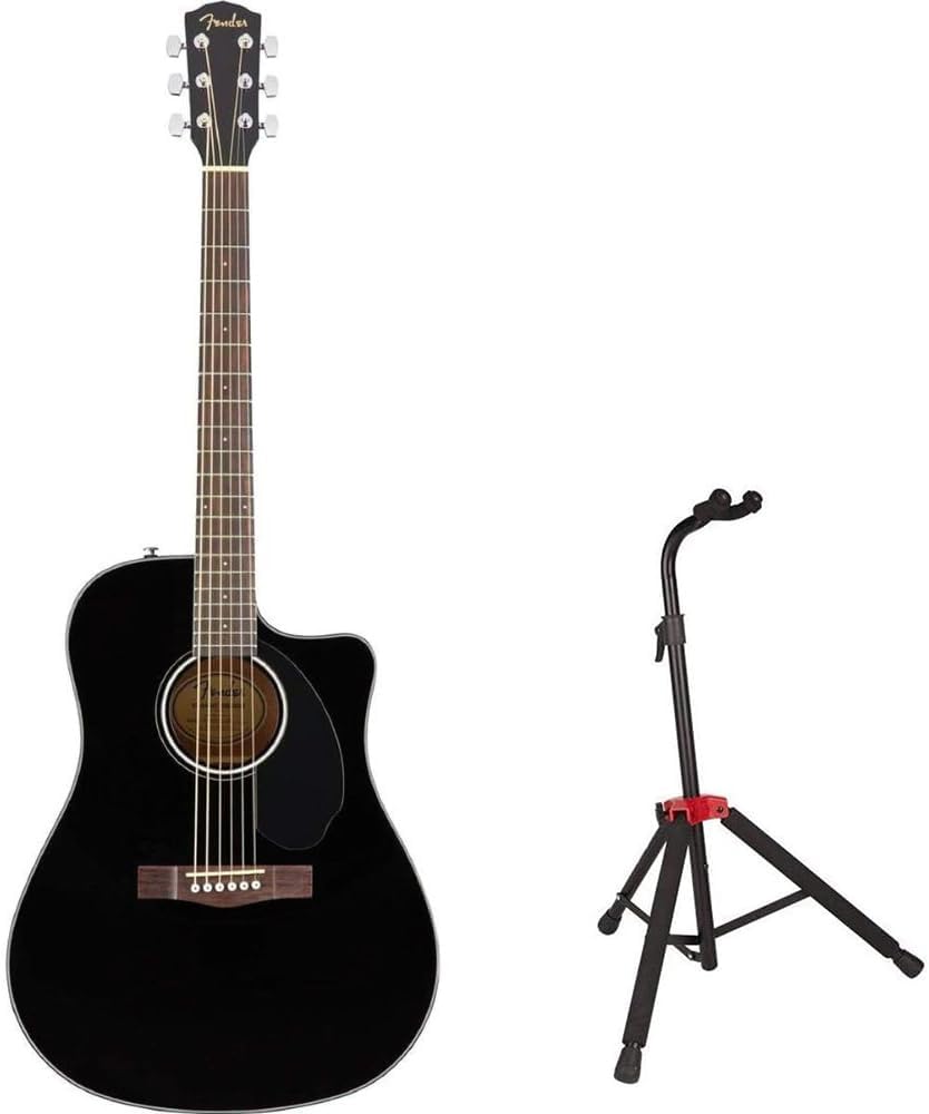 Fender CD-60SCE Dreadnought Cutaway Acoustic Electric Guitar Bundle with Fender Guitar Stand, Height-Adjustable with Sturdy Metal