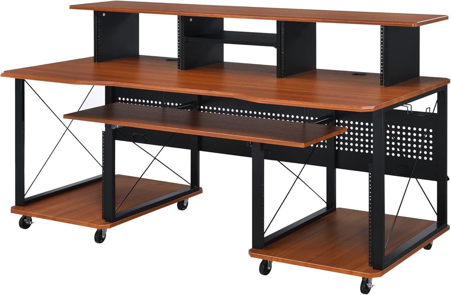 Professional Music Production Desk with Keyboard Tray 72 Inch Studio Desk with Cable Management and Storage Shelves Mobile Recording Studio Workstation with 8 Wheels for Home Studio