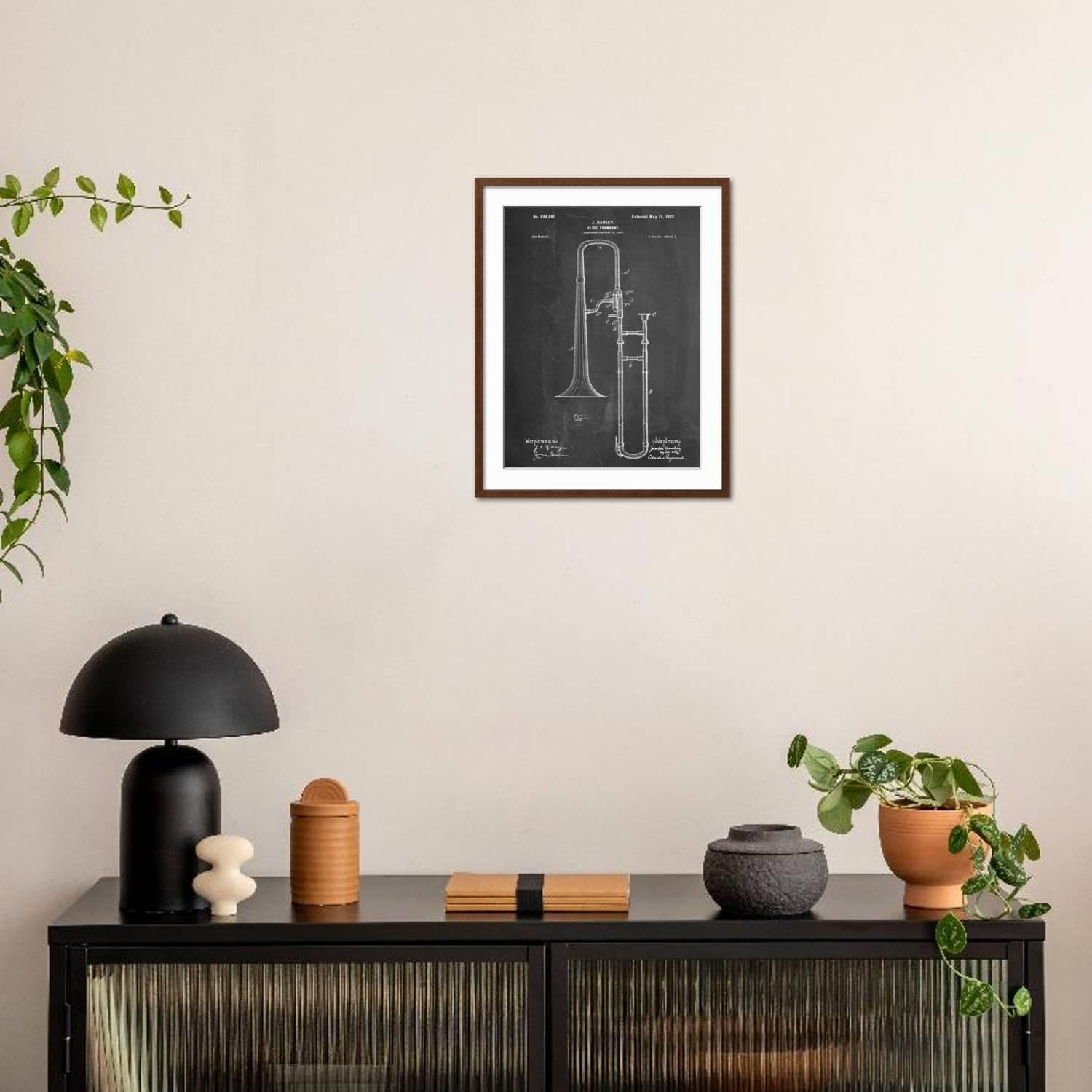 ART.COM Wall Art Print Slide Trombone Instrument Patent on Brown Frame, 23