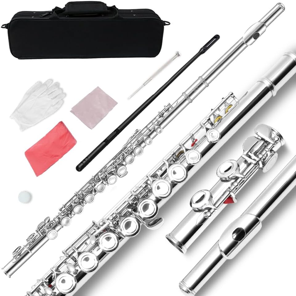 16 Key Closed Hole C Flute - Student Flute for Beginners,Easy to Play with Durable Design, Includes Carrying Case, Cleaning Kit, Gloves, Perfect for Learning(Silver)