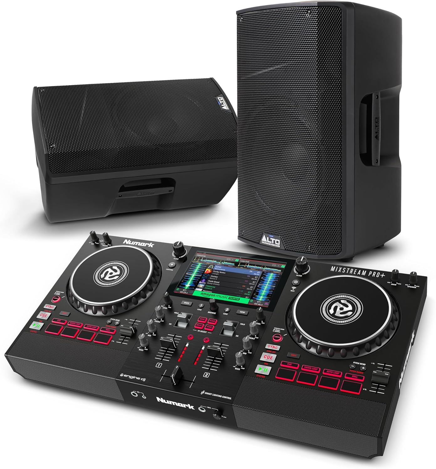 Numark Mixstream Pro+ DJ Controller and ALTO TX415 Powered PA Speakers Pair for Live Music, DJ sets, Events, Music production