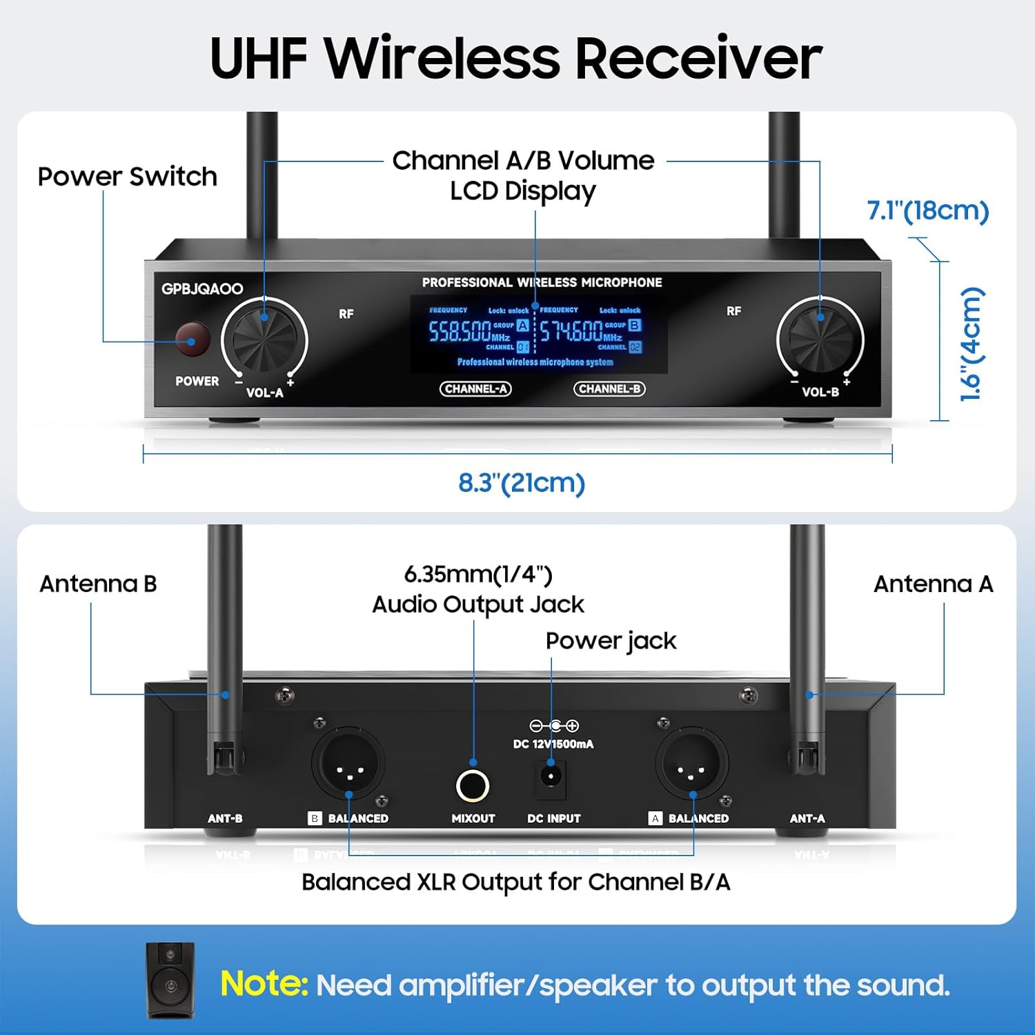 Wireless Microphone System, UHF Professional Metal Dynamic Handheld Wireless Microphone, Karaoke Microphone, Suitable for Home KTV, conferences, speeches, Churches, DJs, Weddings, 200 feet (Black)