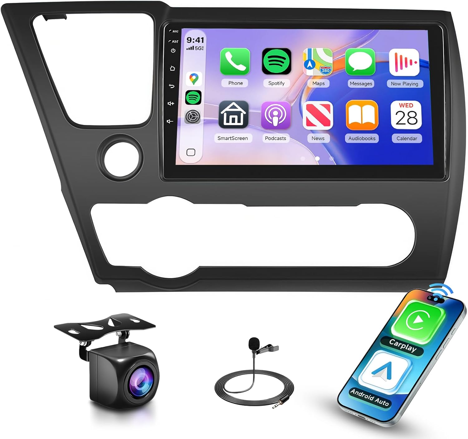 4G+64G Car Stereo for Honda Civic 2013 2014 2015 2016 2017 Radio,Wireless Carplay Android Auto,9inch 1280x720P IPS Touch Screen,DSP 32EQ,5.0Bluetooth,IP69K Backup Camera,MirrorLink FM/RDS