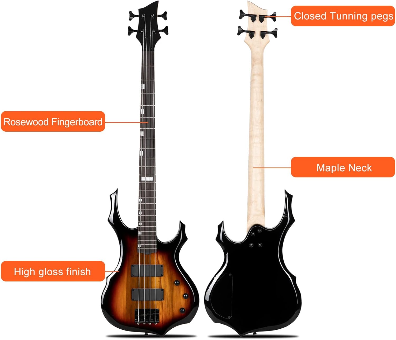 Ktaxon Electric Bass Guitar Full Size Flame Design Bass Set with 20 Watt Amplifier, Portable Bass Bag, Superior Amp Wire, Adjustable Guitar Strap, Plectrum, Wrench Tool(Sunset)