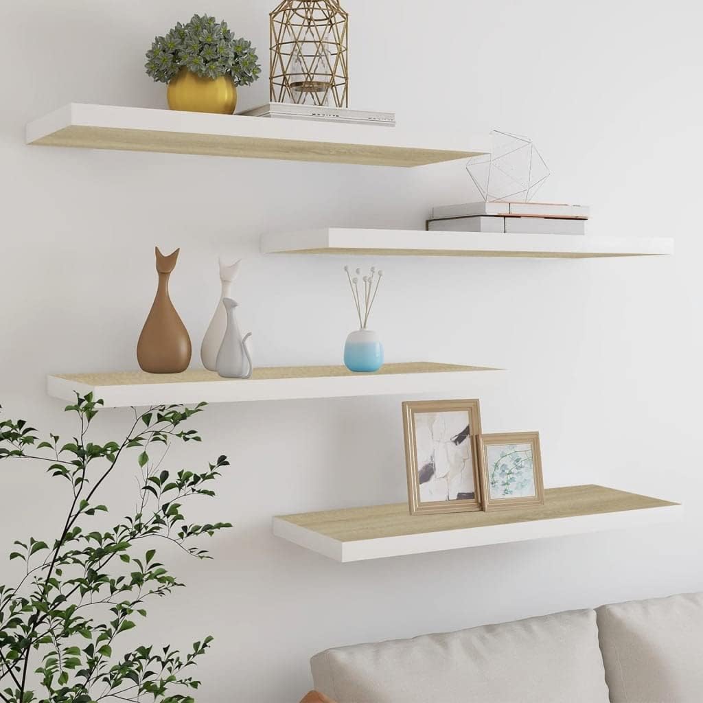 Modern Floating Shelves,Wall Storage Shelves,Wall Mounted Shelf Organizer Unit Display Shelf,Invisible Mounting System,Awards,Book,Collectibles,Ornaments,4 pcs Oak and White 31.5