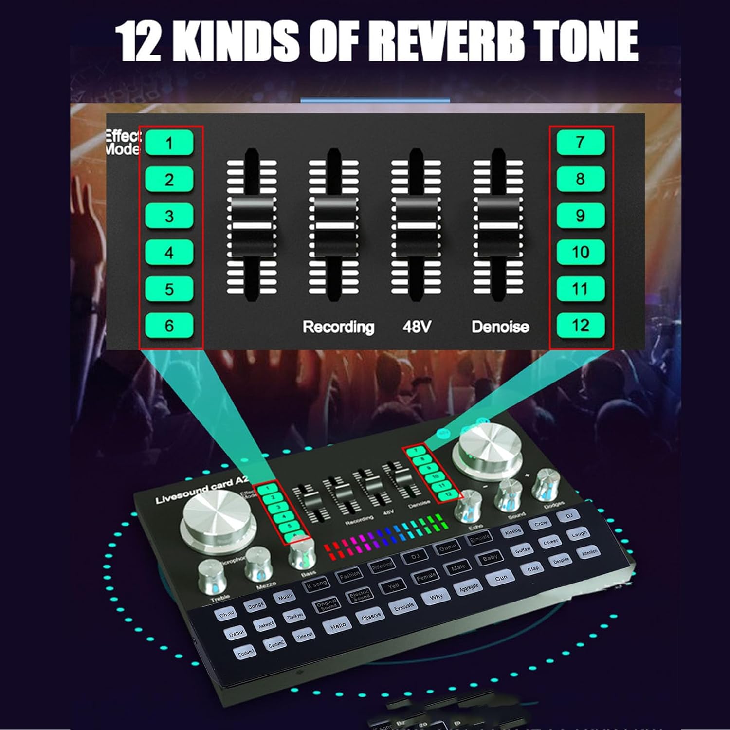 Live Sound Card, Professional Audio Mixer with Sound Effects & Voice Changer, Bluetooth 48V Phantom Power Audio Interface Sound Board for Podcast Recording, Live Streaming, Gaming