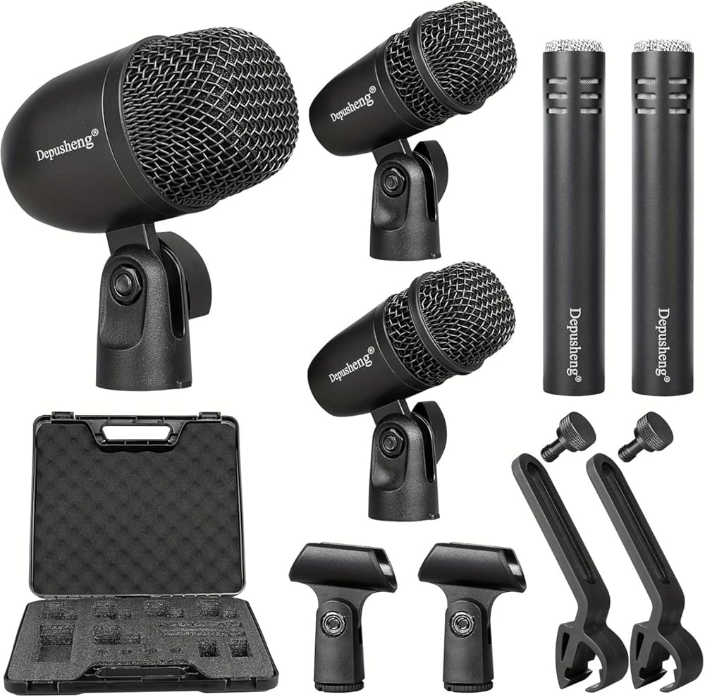 Depusheng 5-Piece Wired Dynamic Drum Mic Kit (Whole Metal) Kick Bass, Tom/Snare & Cymbals Microphone-Use for Drums, Vocal, Other Instrument Complete with Thread Clip 7 On Stage Audio Cables