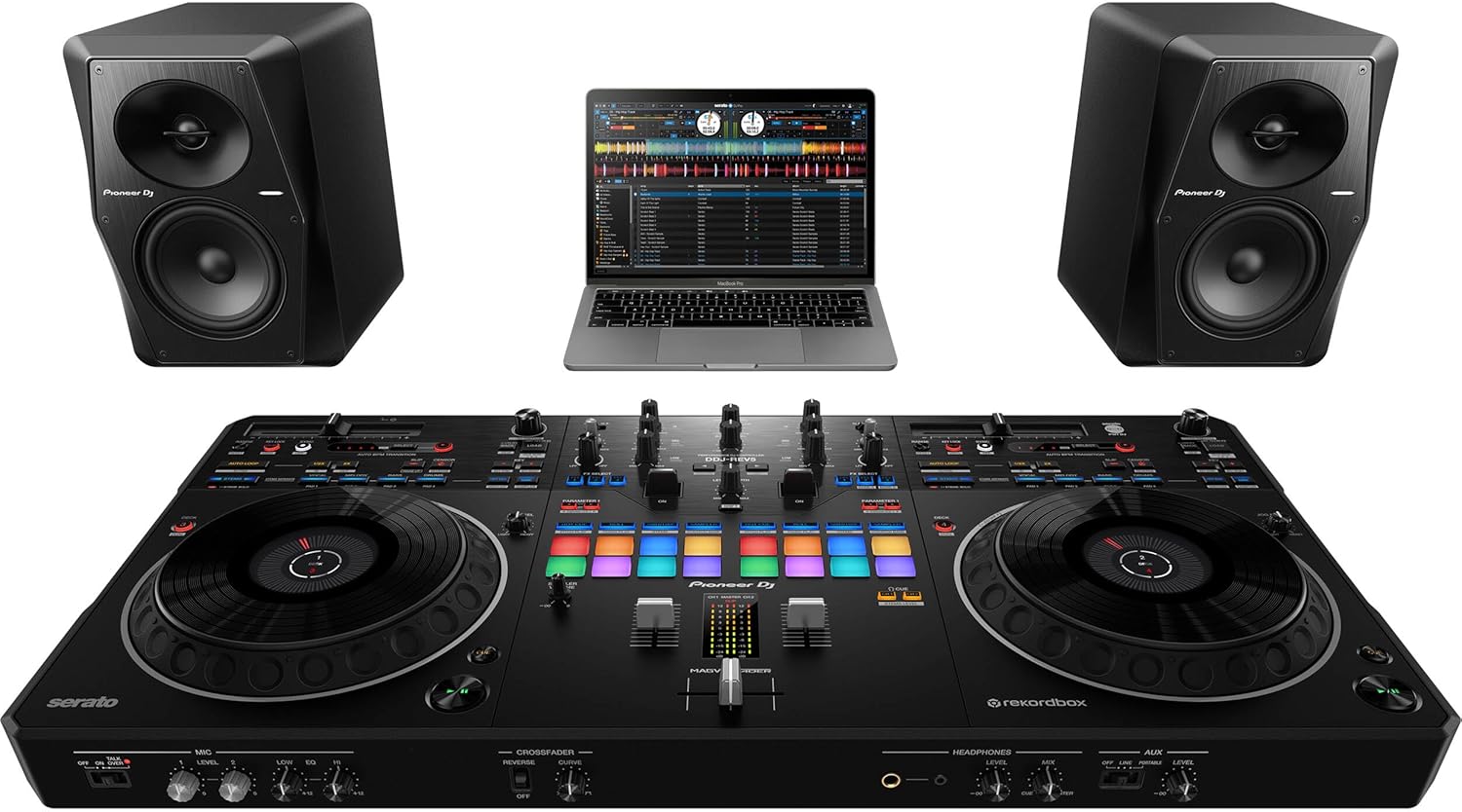 Pioneer DDJ-REV5 4-deck DJ Controller with Headliner HL10017 Flight Case for DDJ-REV5 with Laptop Platform