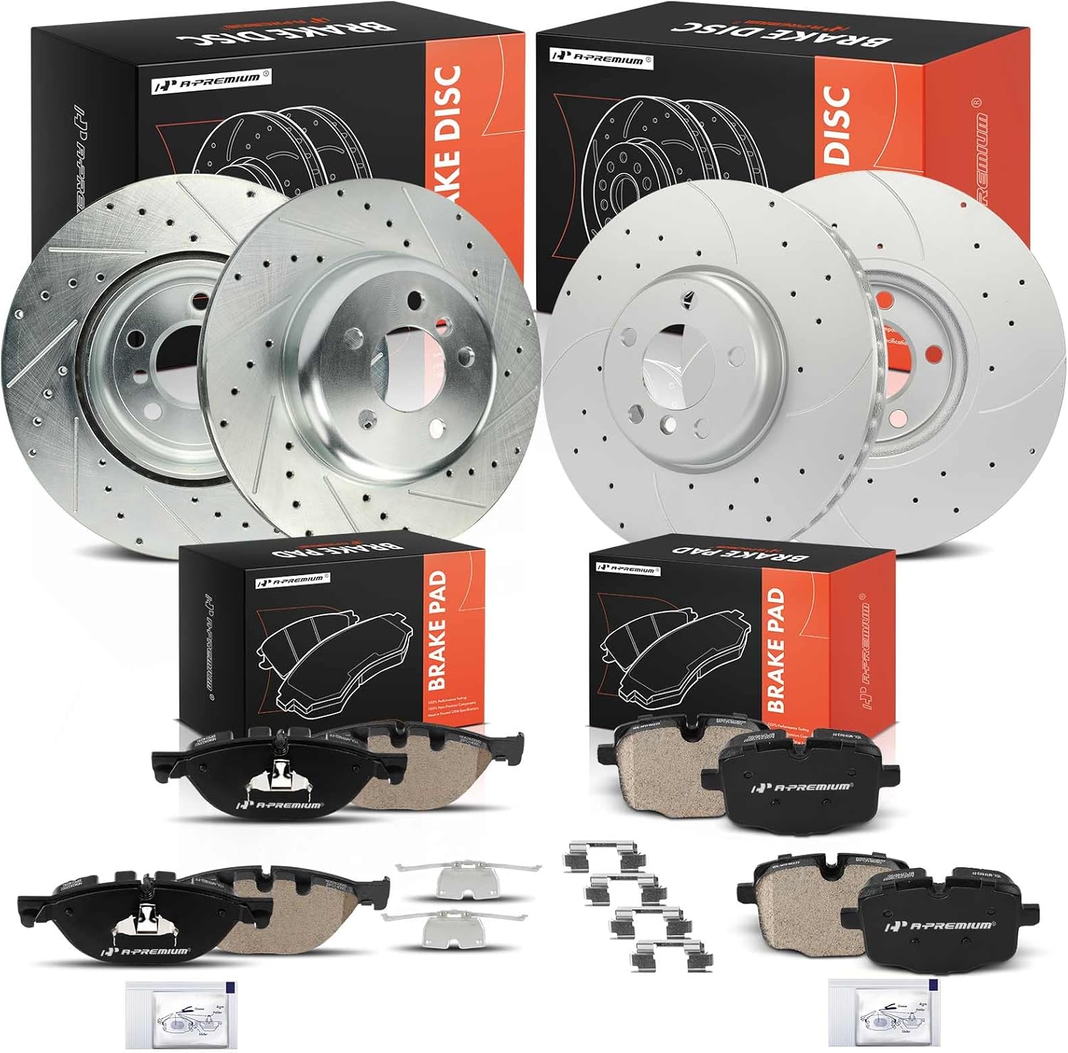 A-Premium Front and Rear Drilled and Slotted Disc Brake Rotors + Ceramic Pads Kit Compatible with Select BMW Models - 550i, 550i xDrive, 650i Gran Coupe, 650i xDrive, 650i xDrive Gran Coupe, 12-PC Set