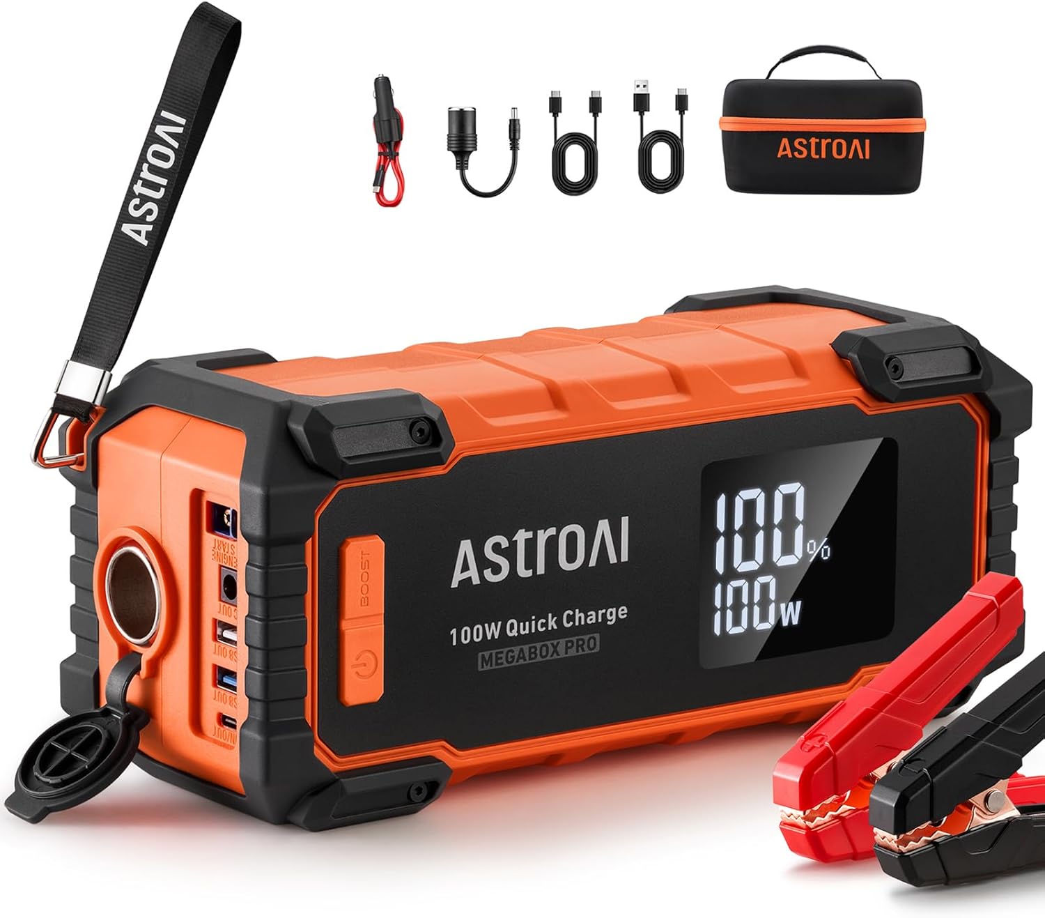 AstroAI Car Battery Jump Starter 6000A Peak 27000 mAh Portable Charger and Jumper Cables for All Gas/12.0L Diesel Lithium Car Jump Starter Battery Pack Cables, 100W Fast Charging