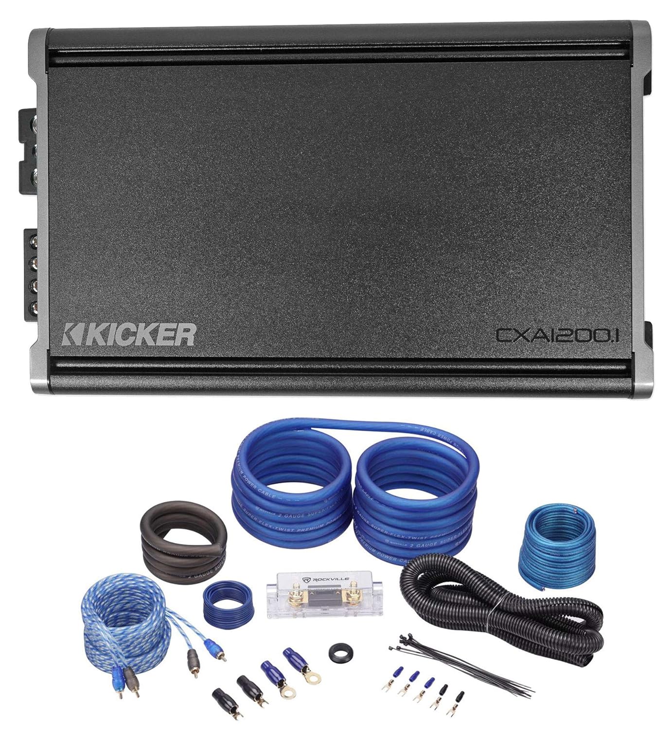 KICKER 46CXA12001T CXA1200.1 1200 Watt RMS Mono Class D Car Stereo Amplifier Bundle with Rockville RWK21 2 Gauge Amp Installation Kit ANL Fuse Holder 100% Copper RCA