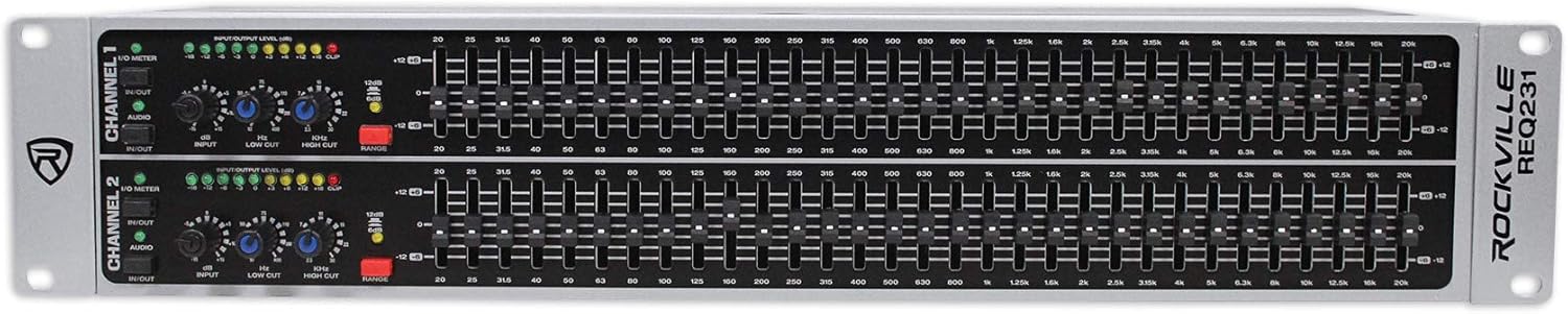 Rockville REQ231 Dual 31 Band 1/3 Octave Graphic Equalizer with Sub-Output, Grey