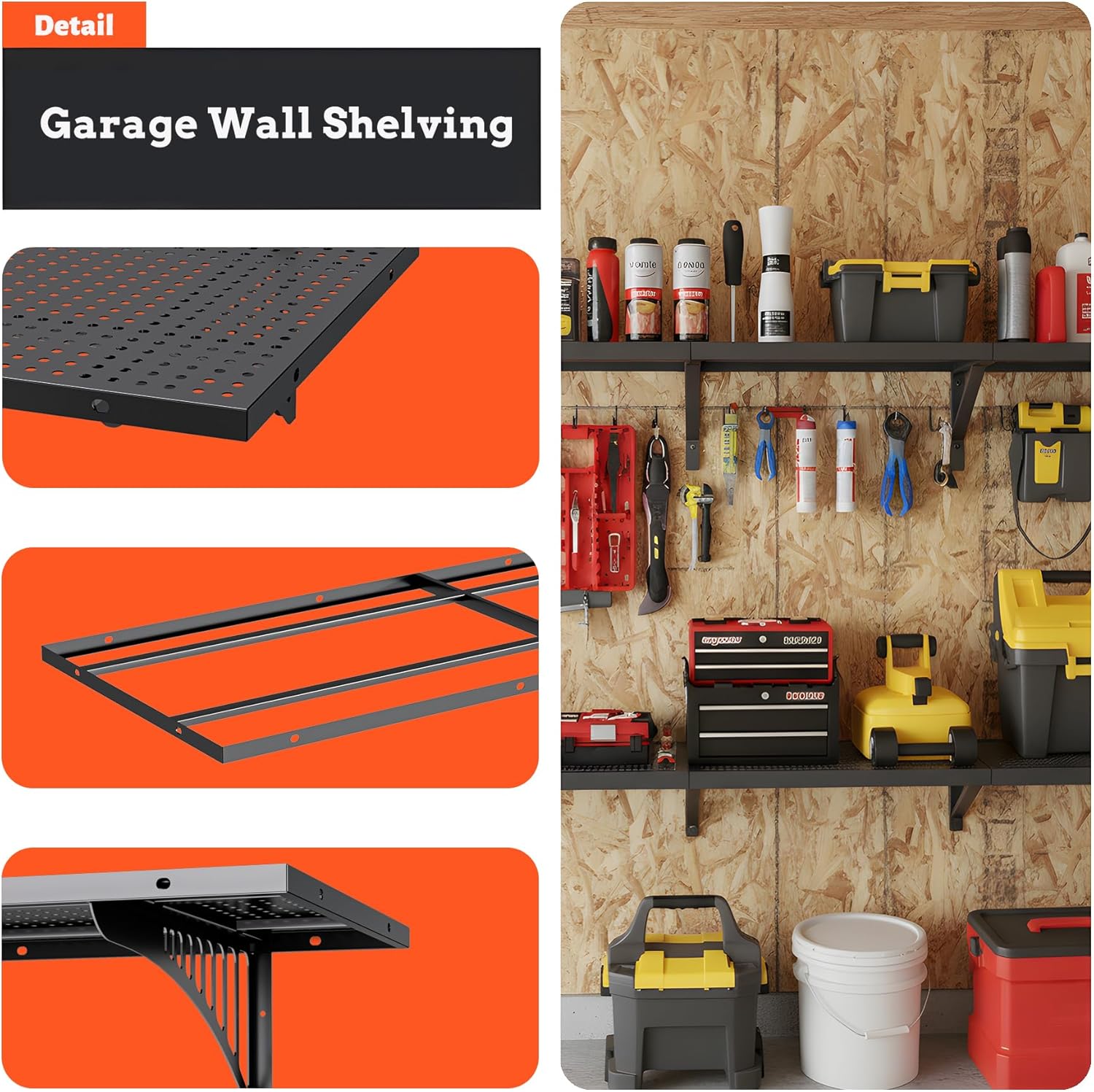 2-Pack 1.6x4FT Garage Wall Shelving, Metal Garage Shelves Wall-Mounted, 600 lbs Capacity Heavy Duty Floating Shelves, Black