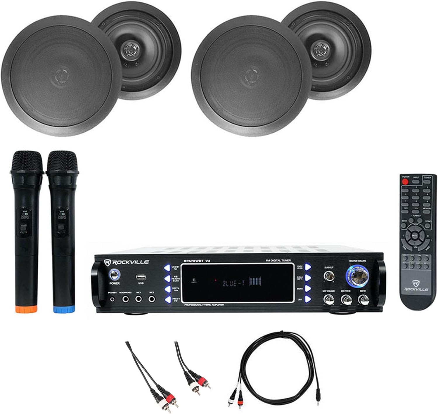 Rockville RPA70WBT V2 Bundle: 1000W Bluetooth Karaoke Amplifier/Mixer with Wireless Mics, (2) Pairs HC655 6.5 in in-Ceiling Speakers 250W Peak/80W RMS Each, Dual RCA & 3.5mm TRS Cables, 5-Items
