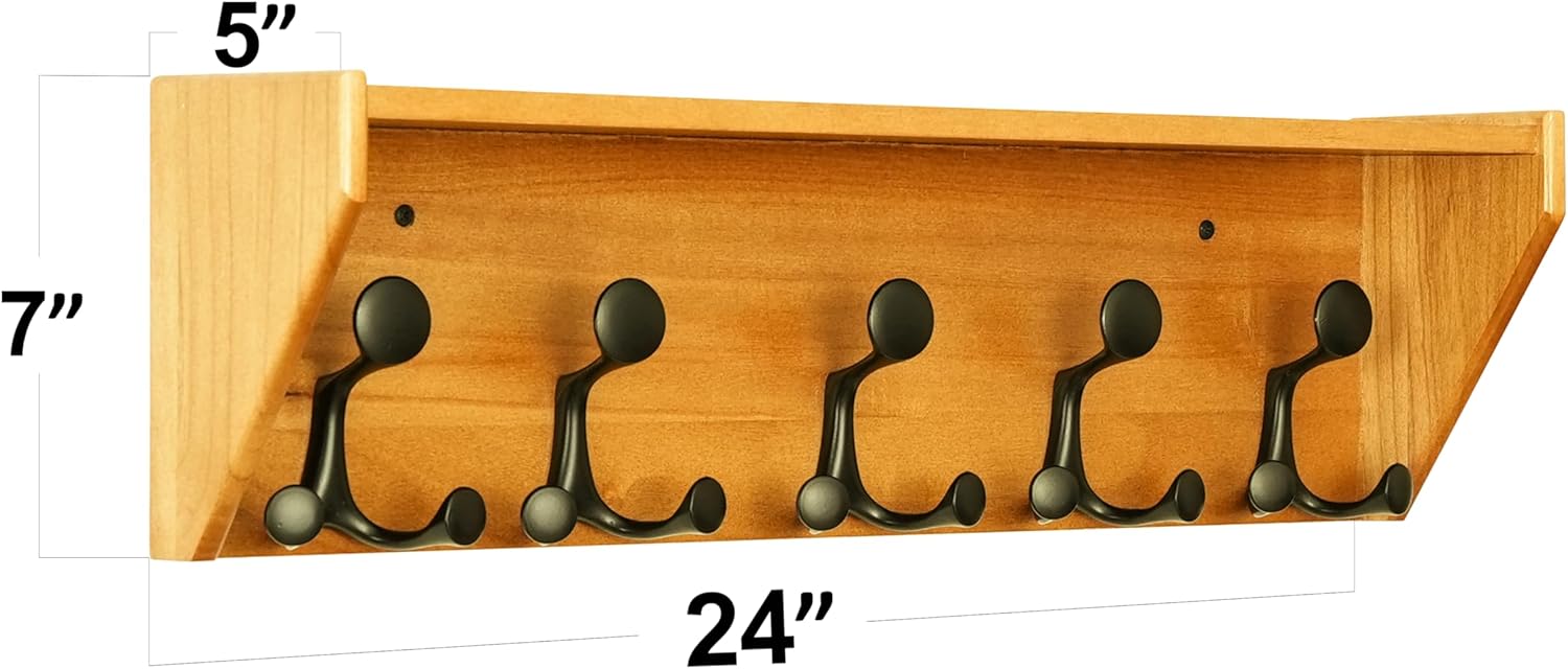 SKOLOO Wall Shelf with Hooks, 24-Inch Brown Coat Rack Wall Mount with Shelf Organizer - Lightweight & Sturdy​​, 5 Tri Hooks - Perfect for Entryway, Hallway, Living Room, Bedroom, Mudroom