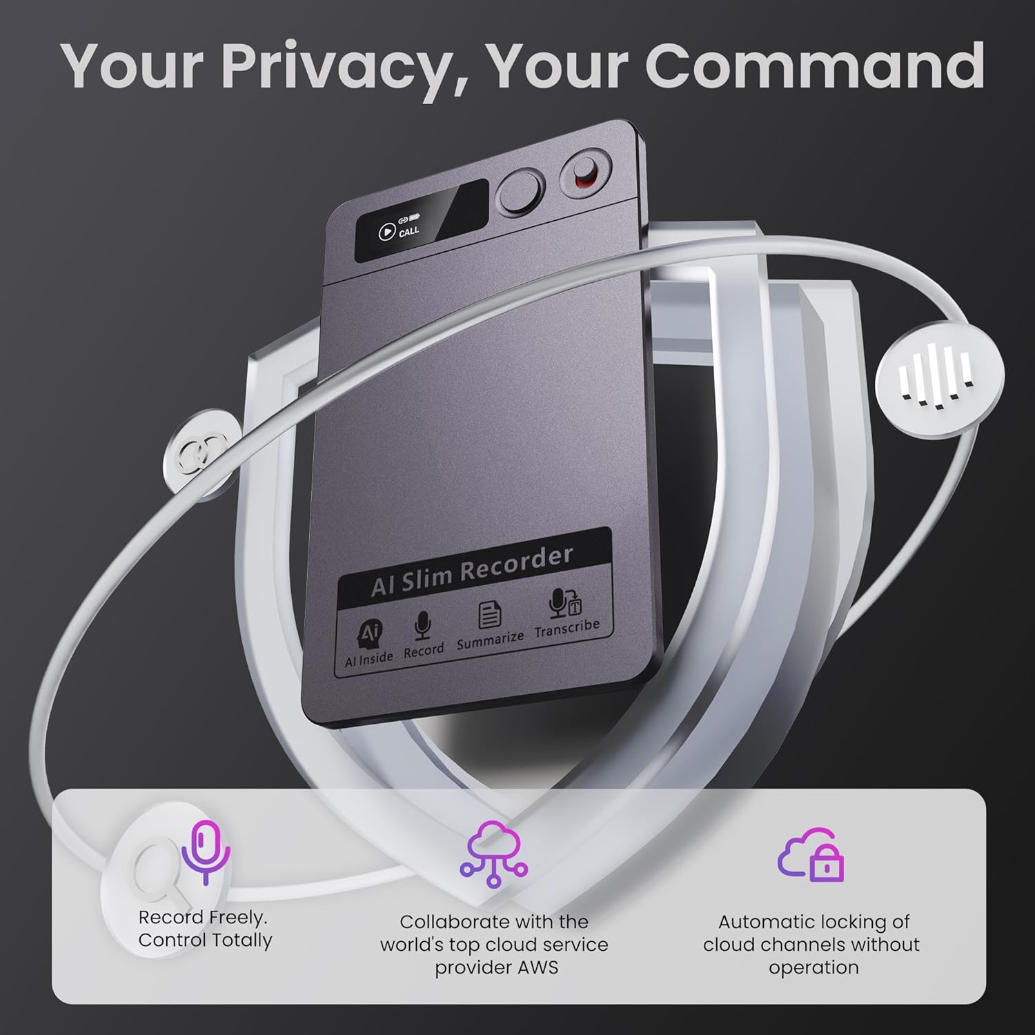 AI Voice Recorder, Note Voice Recorder Transcribe & Summarize, AI Noise Cancellation Technology, Supports 152 Languages, 64GB Memory APP Control Audio Recorder for Lectures, Meetings, Calls, Dark Gray