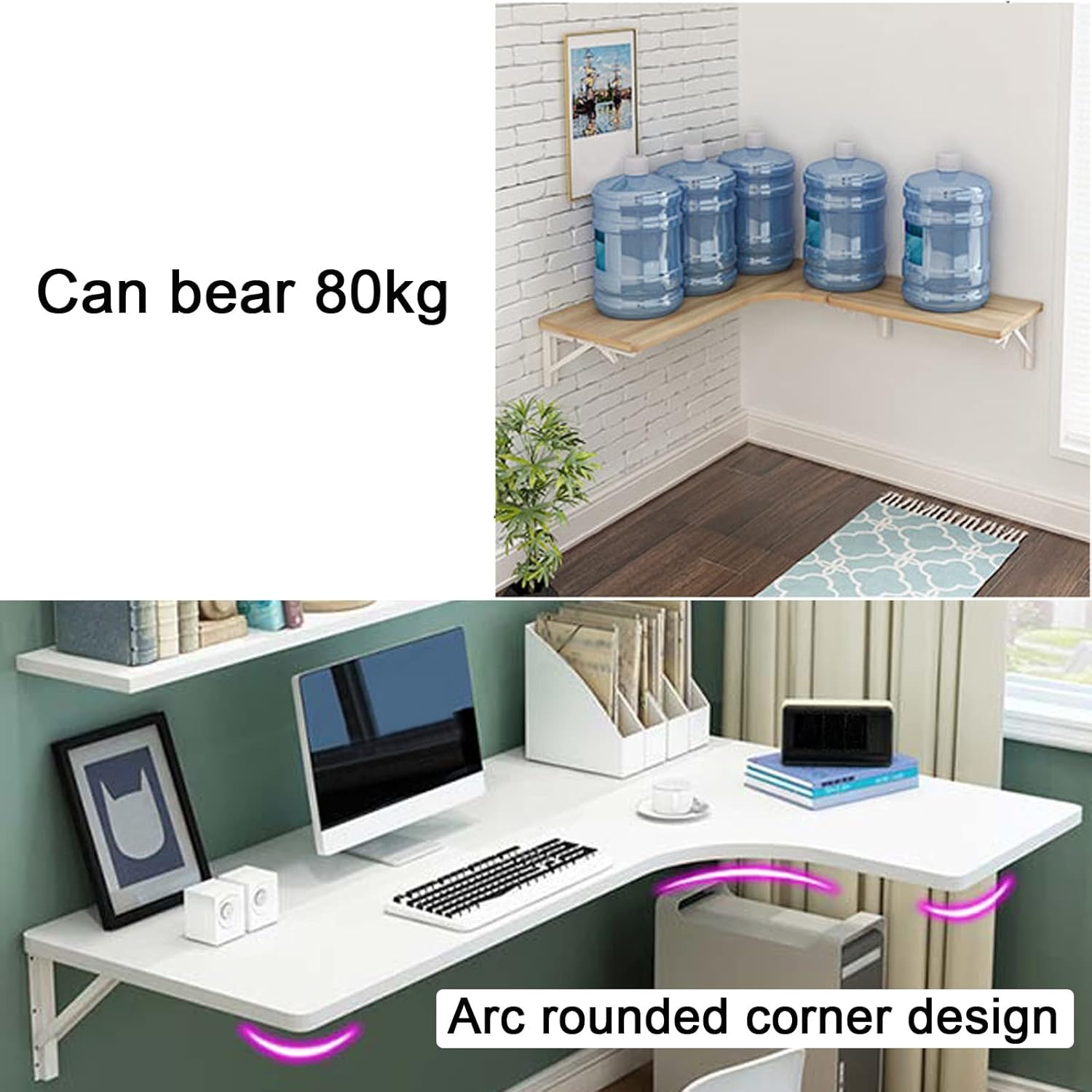 LIGUOYI Corner Wall Mount Folding Table, L 24in ~ 47in Multifunction Computer Desk Home Office Table, Wooden White Black Study Table, Space Saving Folding for Study, Bedroom, Office, Home