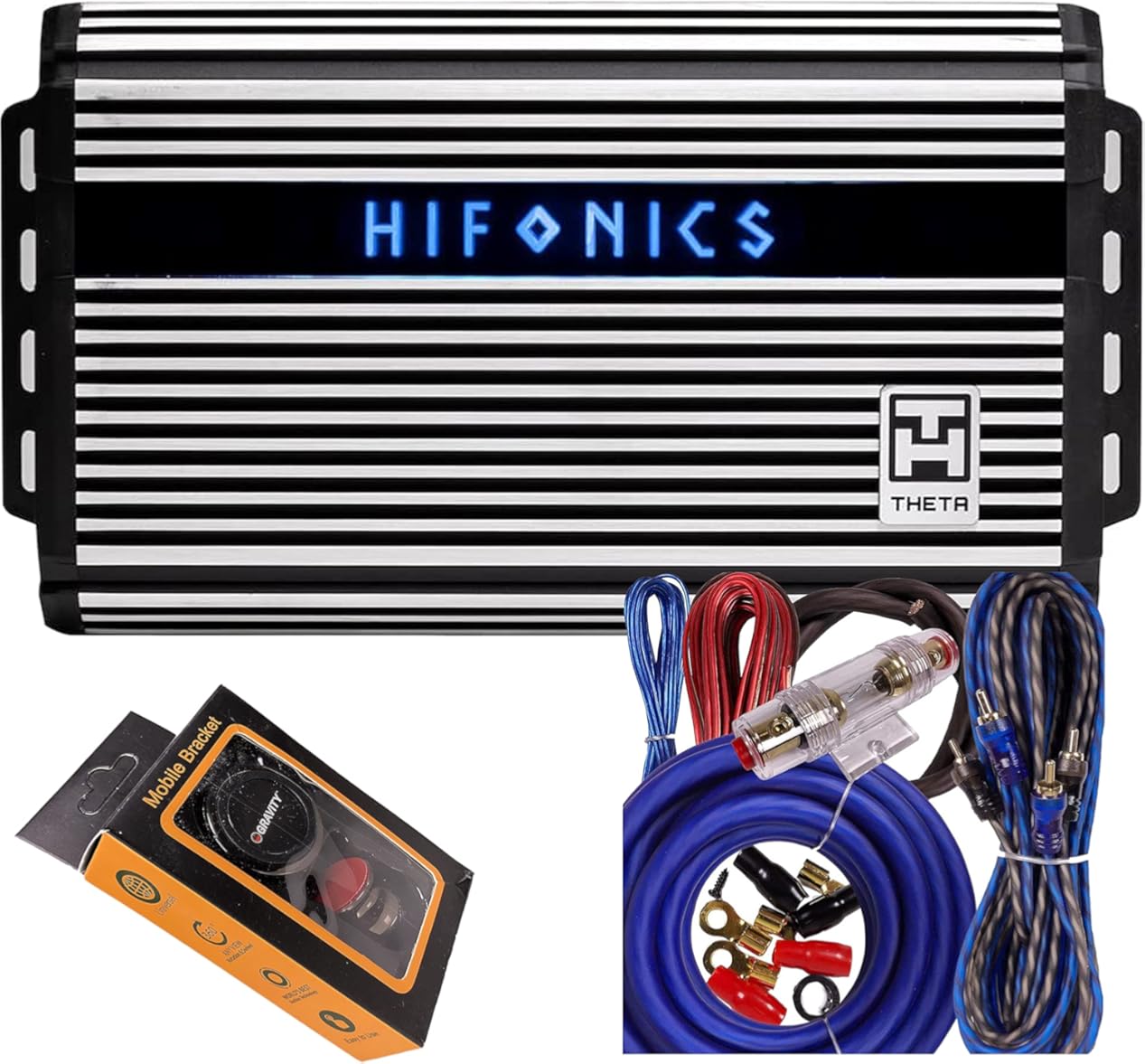 Hifonics ZTH-1225.1D Zeus Theta Compact Mono Channel Car Audio Amplifier (Silver) – Class D Amp, 1200-Watt Bass Remote Included with Gravity Phone Holde and 4 Gauge Amp Kit Blue Bundle