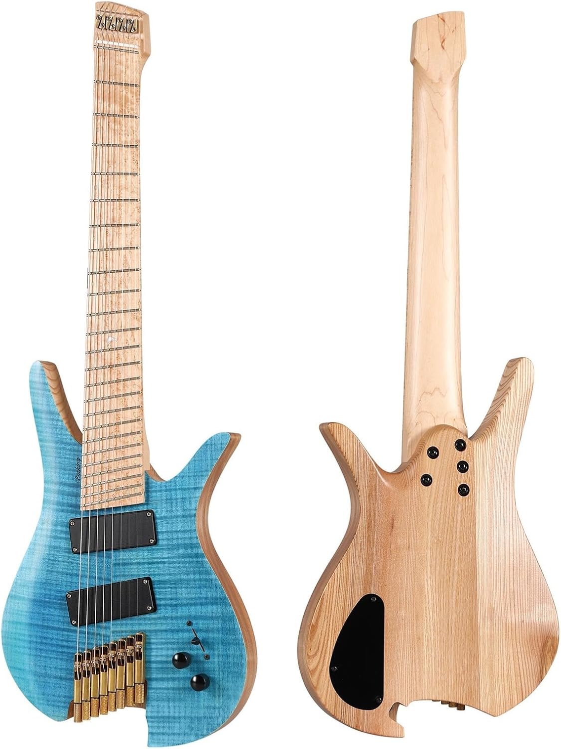 Headless Electric Guitar 8 String Fanned Frets Headless Electric Travel Guitar Ash Wood with Flame Maple Veneer