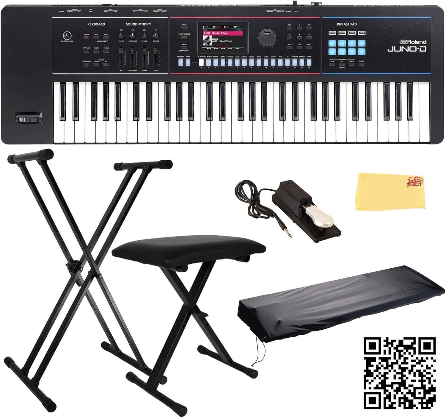 Roland JUNO-D6 Synthesizer Bundle with Adjustable Stand, Bench, Sustain Pedal, Cover, Austin Bazaar Instructional Video, and Polishing Cloth