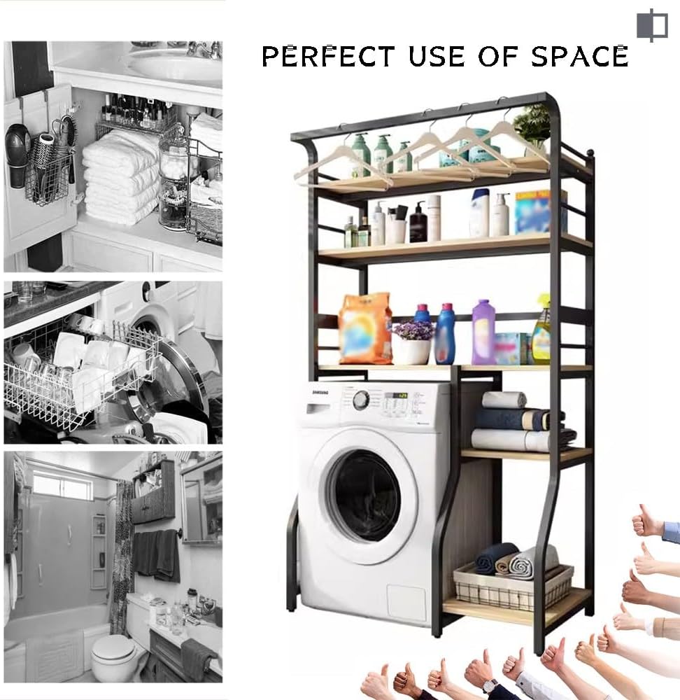 5 Tier Drum Washing Machine Storage Rack with Hanger Rail Multi Functional Over The Washer and Dryer Shelf Metal Frames for Laundry Room Storage