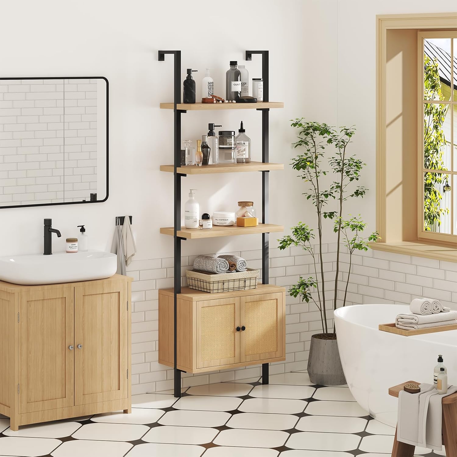 Ladder Bookshelf, 4 Tier Book Shelf with Rattan Cabinet, Wall Mount Bookshelves and Bookcases with Metal Frame, Anti Dump, Tall Bookcase for Living Room, Home Office, Bedroom Oak