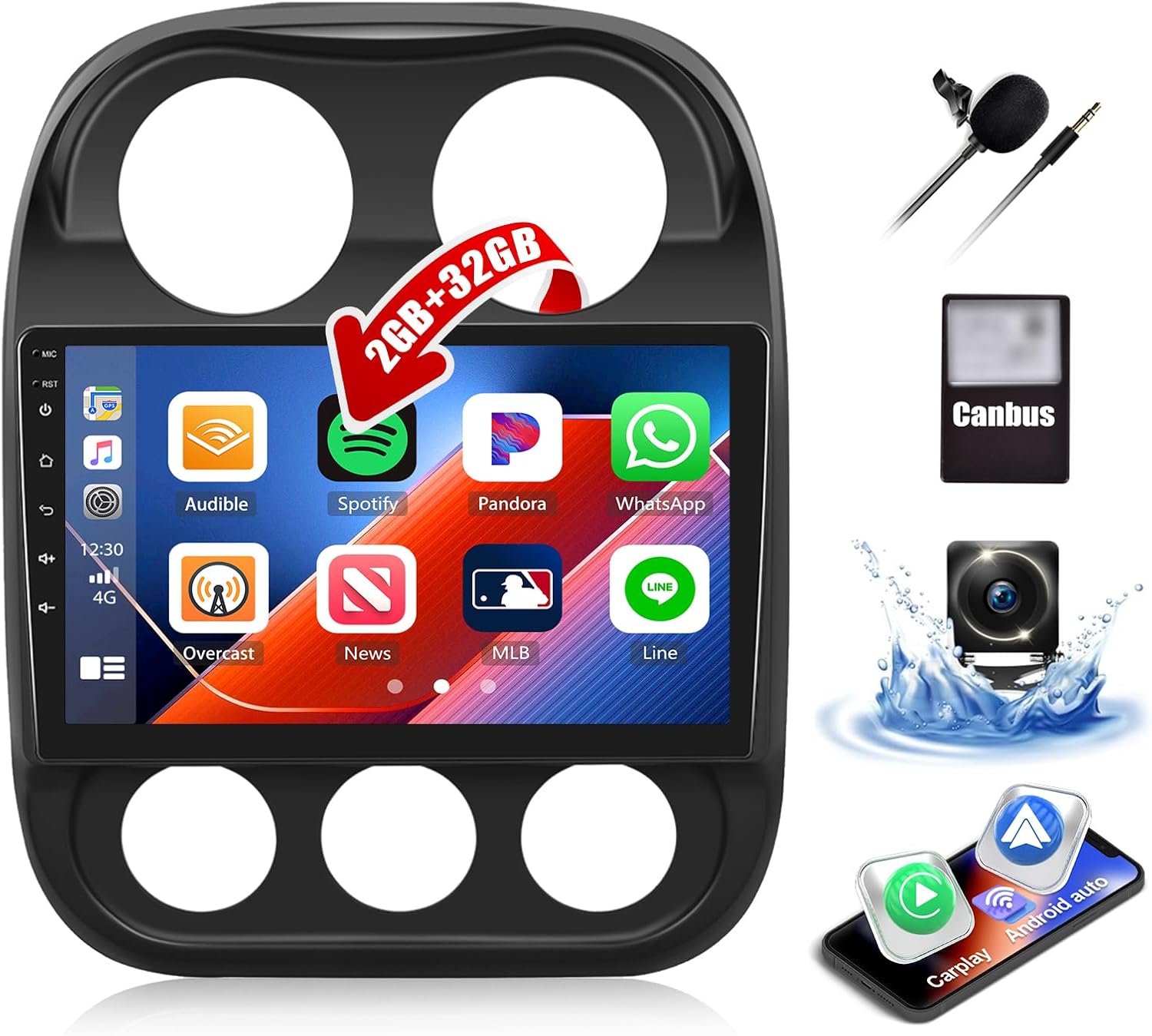 2G+32G Car Radio for Jeep Compass Patriot 2010-2016 with Wireless CarPlay Android Auto 10.1 inch Touch Screen Car Stereo with Bluetooth, WiFi, Android 13, GPS Navigation, HD Backup Camera