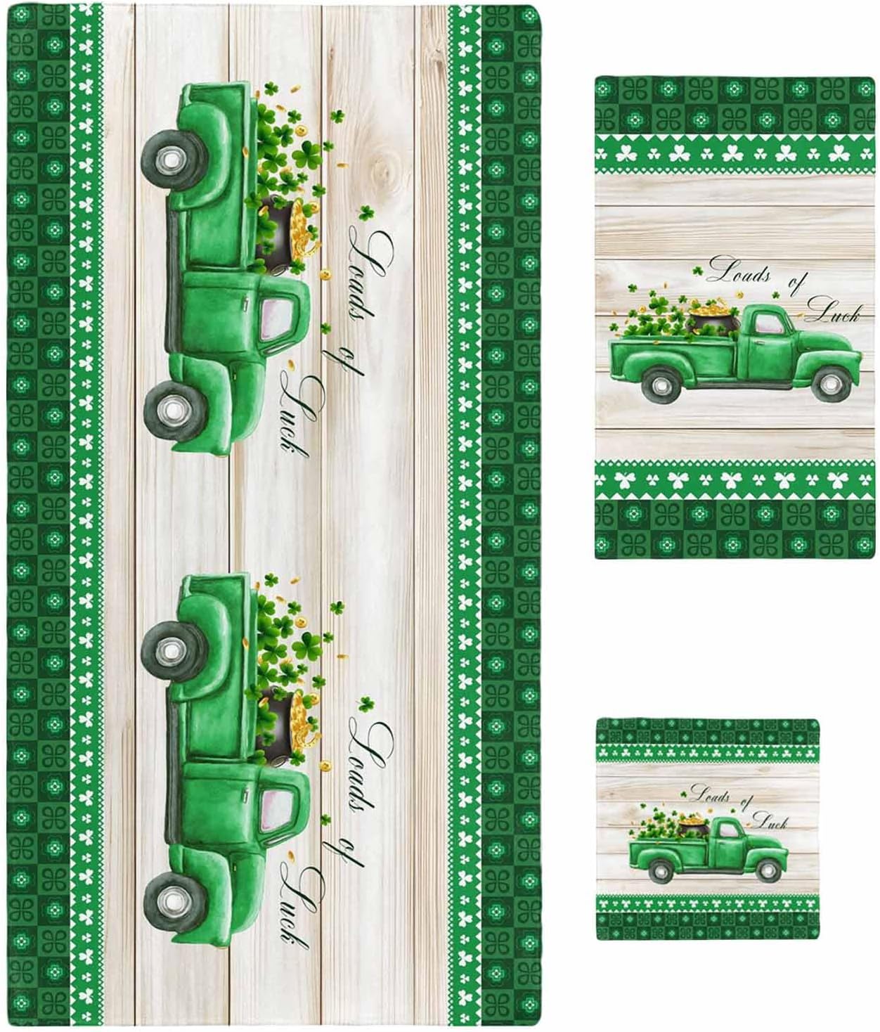 Saint Patrick's Day Bath Towels Set of 3 for Bathroom,Soft Absorbent Shower Beach Hand Face Hair Yoga Workout Gym Towel Dish Wahcloth,Luck Leaves Car Grey Wooden Plaid Quick Dry Bath Towels+Set