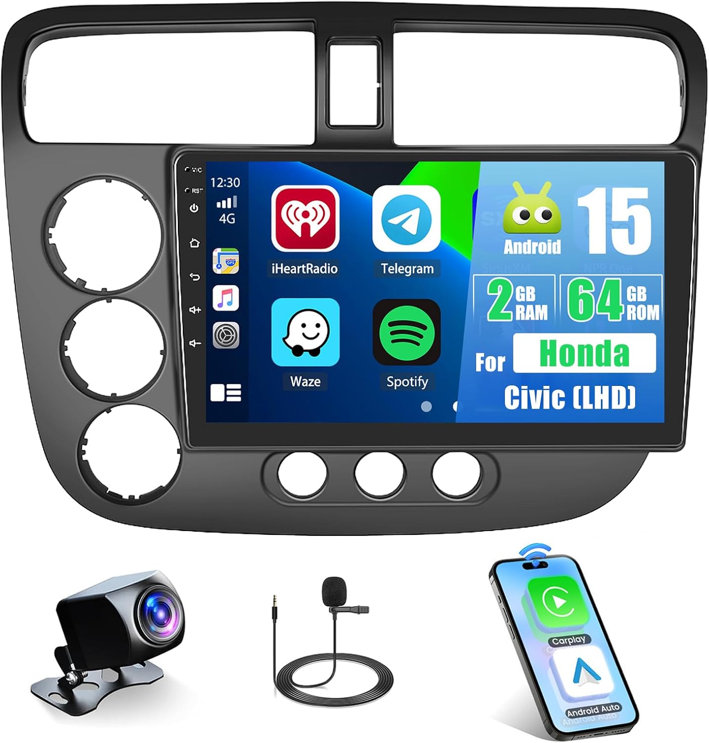 2+64G for Honda Civic 2001-2005 Android 15 Car Stereo Wireless Apple CarPlay Android Auto,9 inch Touch Screen Radio WiFi Bluetooth GPS FM RDS+Free AHD Backup Cam