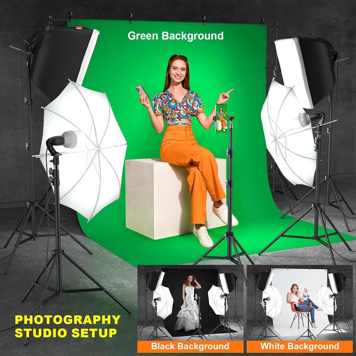 LINCO Lincostore Photo Video Studio Light Kit AM169 - Including 3 Color Backdrops (Black/White/Green) Background Screen
